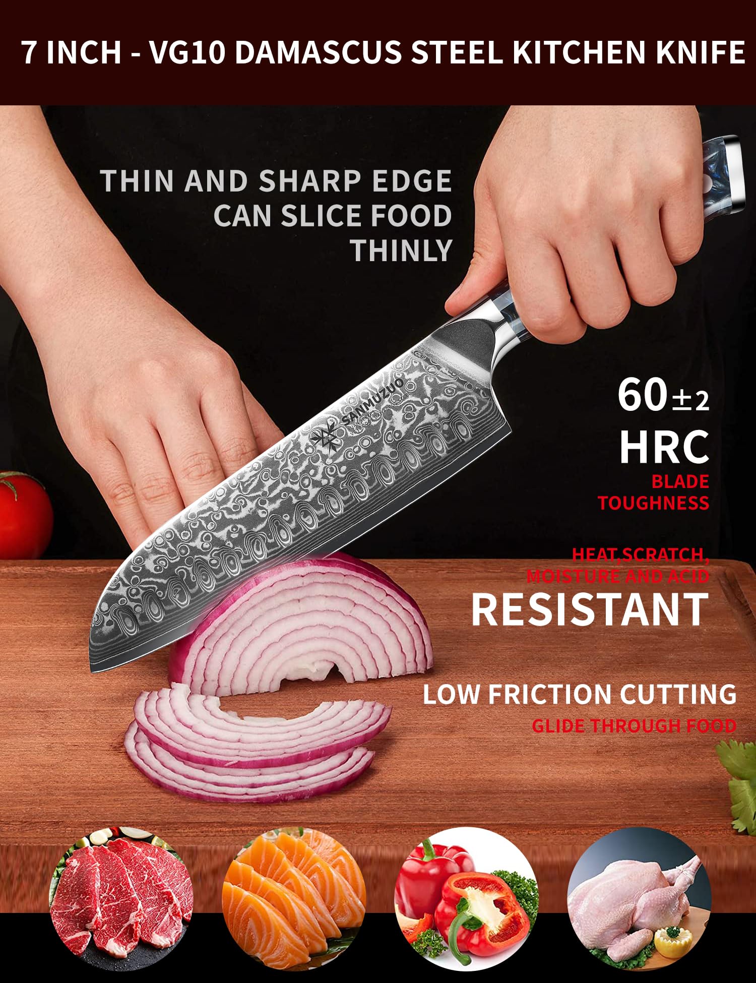 Coltello Santoku Professionale - Coltello da Cucina 18 cm, Coltello di Acciaio Damasco da 67 Strati- Impugnatura Ergonomica Resina - Xuan Series (Starry Black)