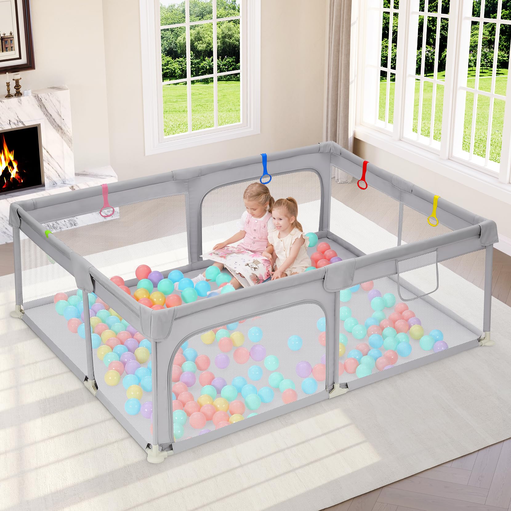 Dripex Large Baby Playpen 71×47 Inch, Big Play Pens for Babies and Toddlers- Indoor & Outdoor Kids Safe Play Area, Soft Breathable Visible Mesh, Anti-Fall & Anti-Slip Design Baby Fence, Grey