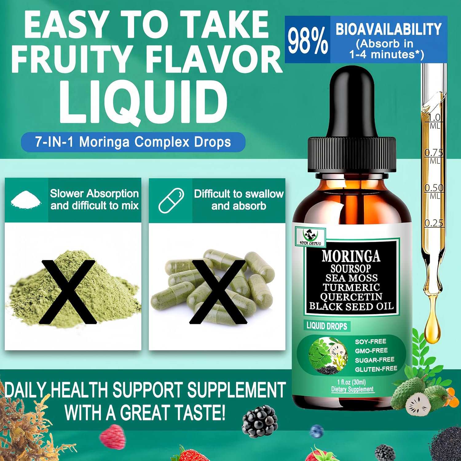 Moringa Drops,Pure Moringa Oleifera Liquid Extract with Soursop Sea Moss Black Seed Oil Quercetin Turmeric - Multimineral&Vitamins Superfood Drops for Energy Immune,Digestive,Cell Support,30 Serving - Image 5