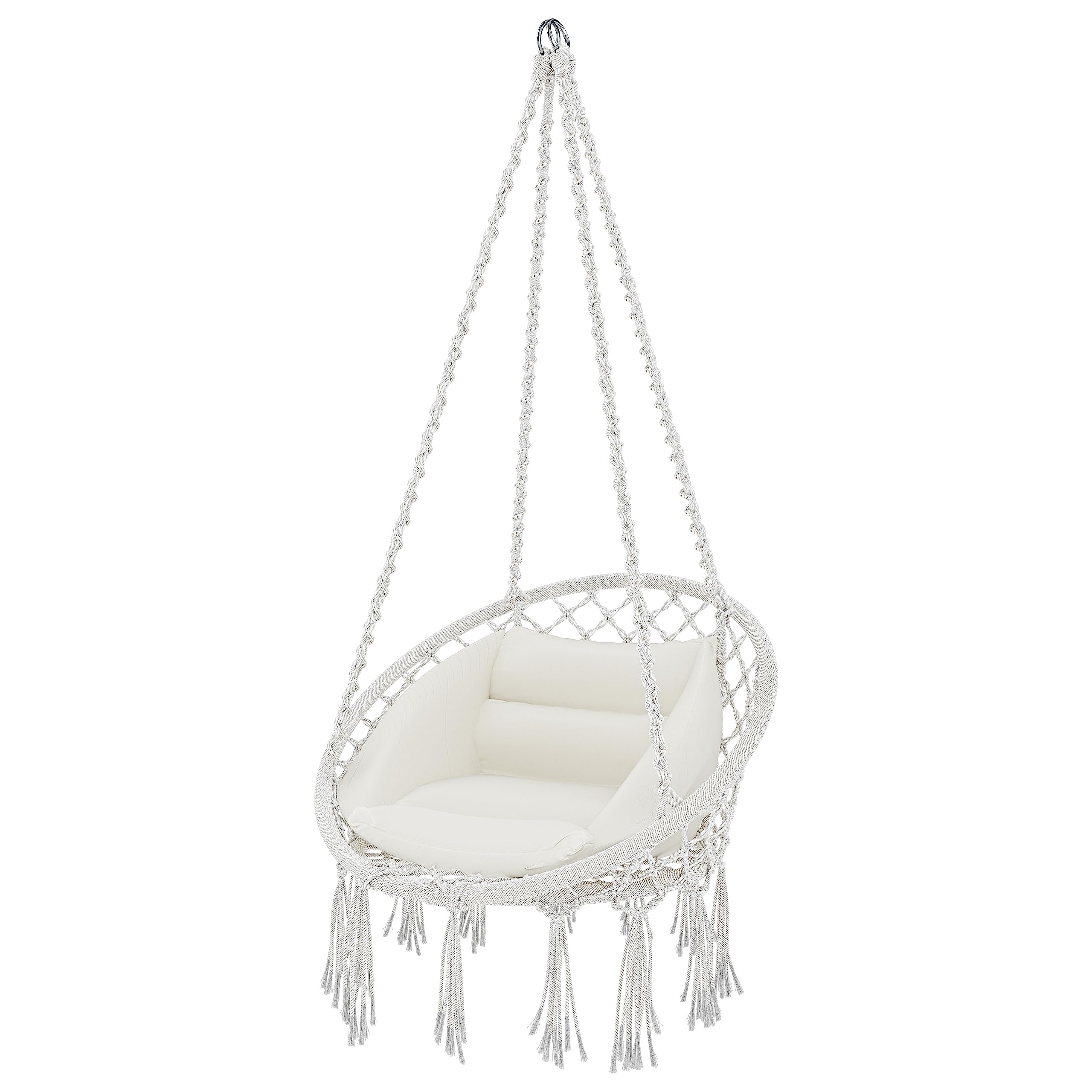 BRICOZONE Poltrona Sospesa Pensile Da Giardino Con Corda In Cotone Effetto Macramè Cuscino Sedia Dondolo Amaca Con Seduta Imbottita Esterno Terrazzo Design Moderno Fino A 160 Kg (Beige)