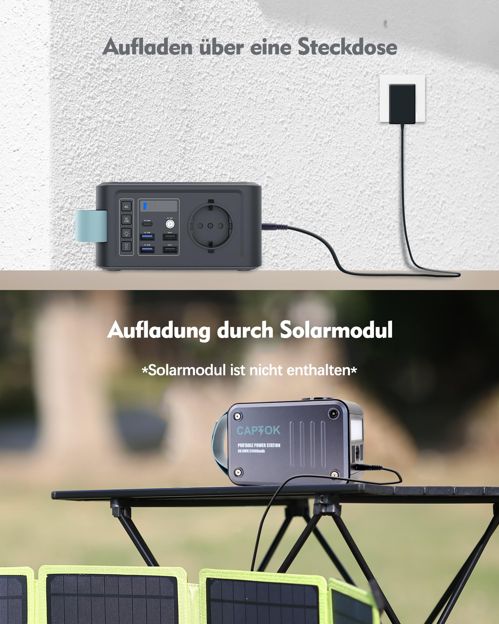 Powerbank 230V mit Steckdose 88.8Wh Powerstation, 10W Drahtloses Ladegerät, 120W Solar Generator USB LED für Camping Outdoor Notfall