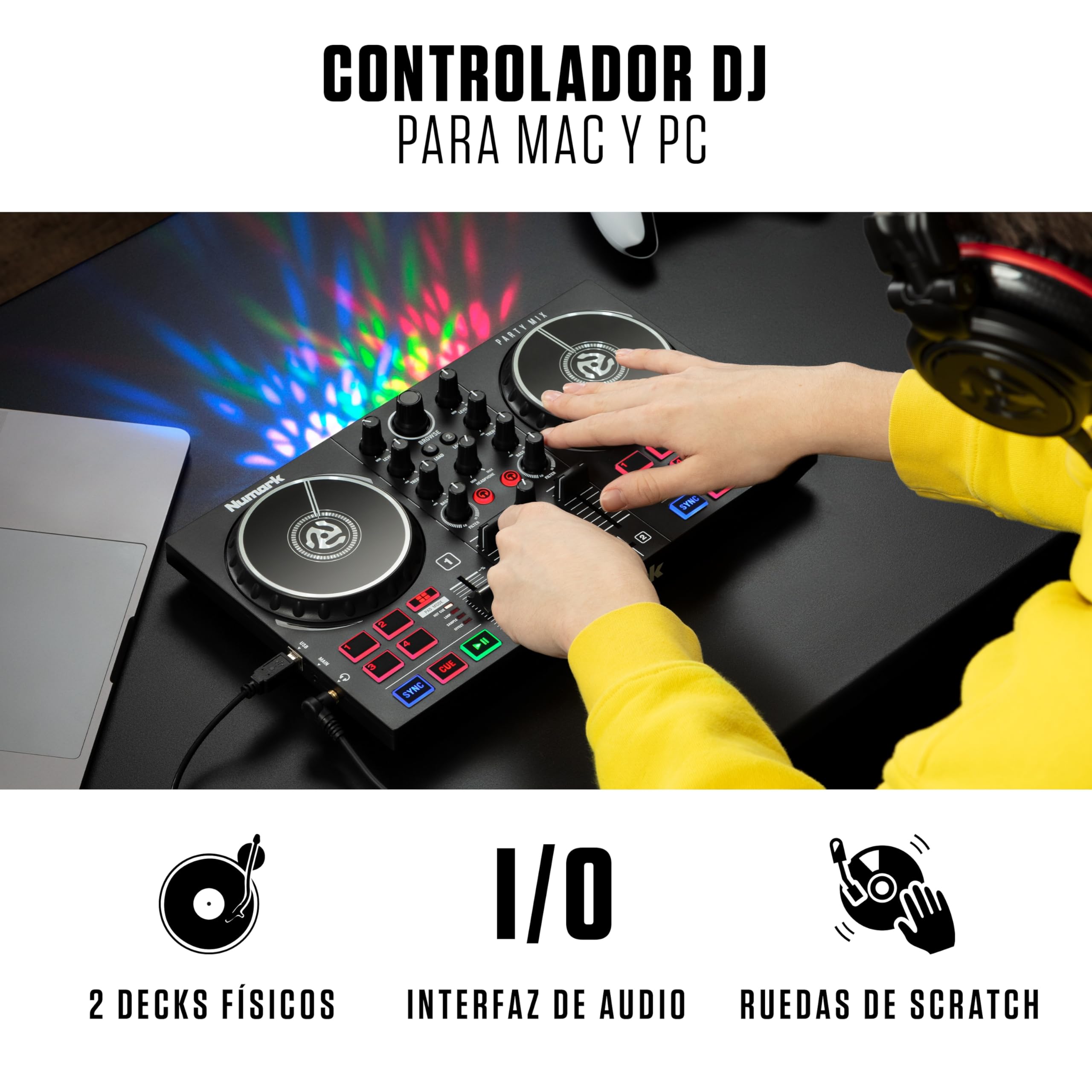Numark Party Mix II + auriculares DJ HF175 - Set de DJ, Controlador DJ con mezclador DJ para Serato DJ Lite y luces integradas + Auriculares de DJ Profesionales