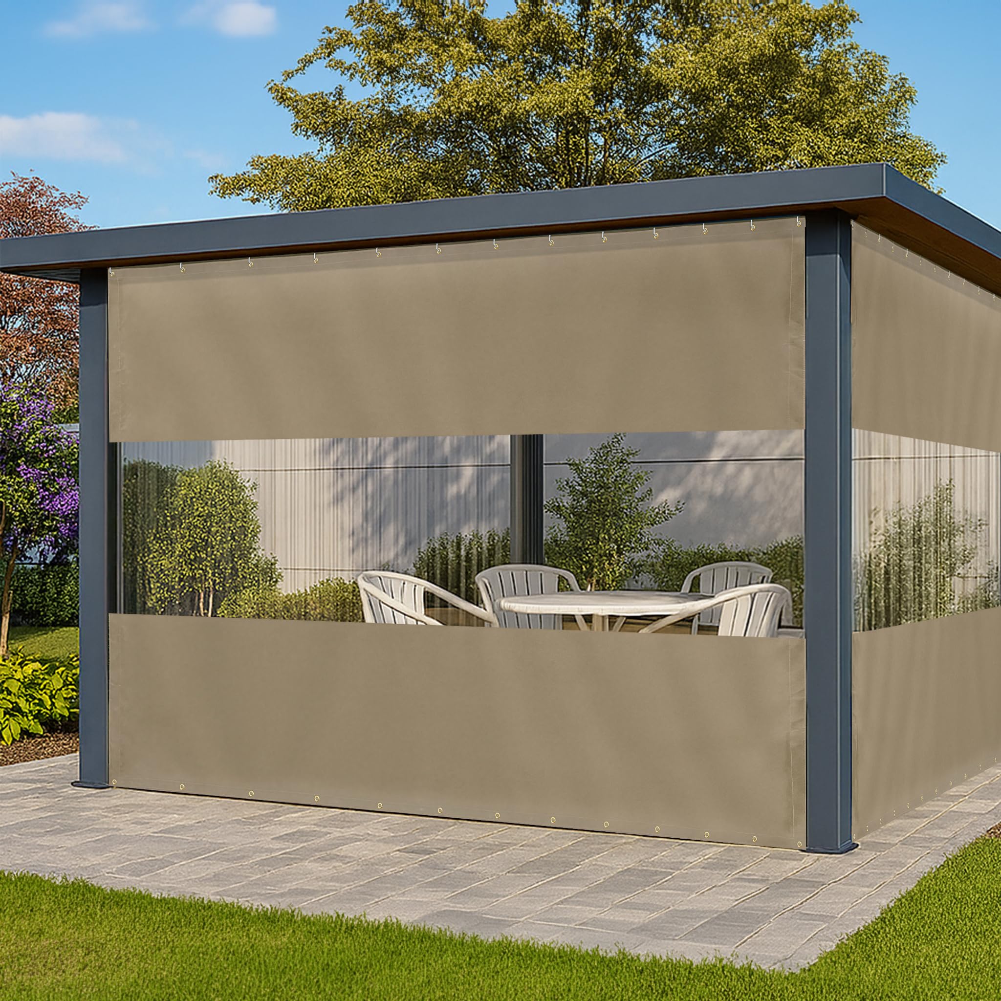 Photo 1 of Covers & All Vinyl Outdoor Curtains for Patio Waterproof – 12 oz Outdoor Clear Panel Curtains, Gazebo Curtains with Brass Grommets for Pergola, Porch & Patio Walls for Winter (8 x 12 ft, Beige)