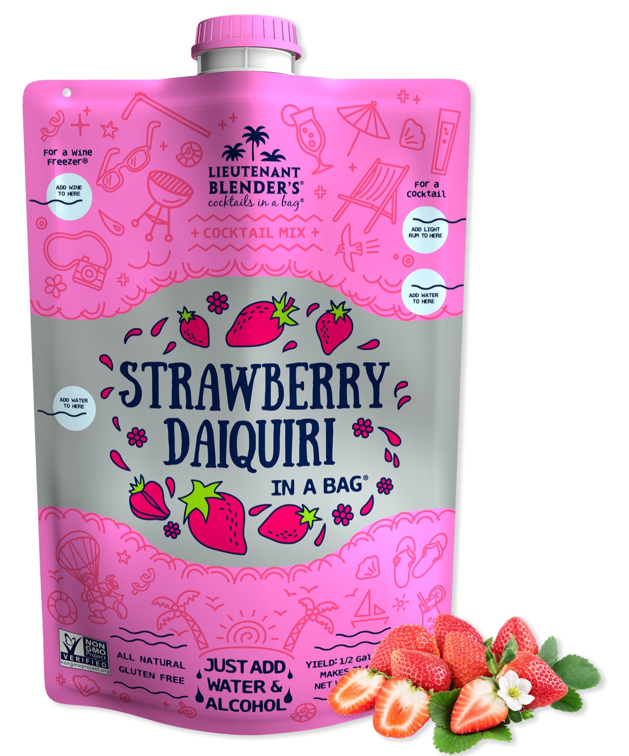 Lt. Blender's Strawberry Daiquiri in a Bag – Strawberry Daiquiri Mix - Each Bag Makes 1/2 Gallon - Non-GMO – No Daiquiri Machine Needed - Make a Cocktail, Wine Slushie or Mocktail - (Pack of 1)