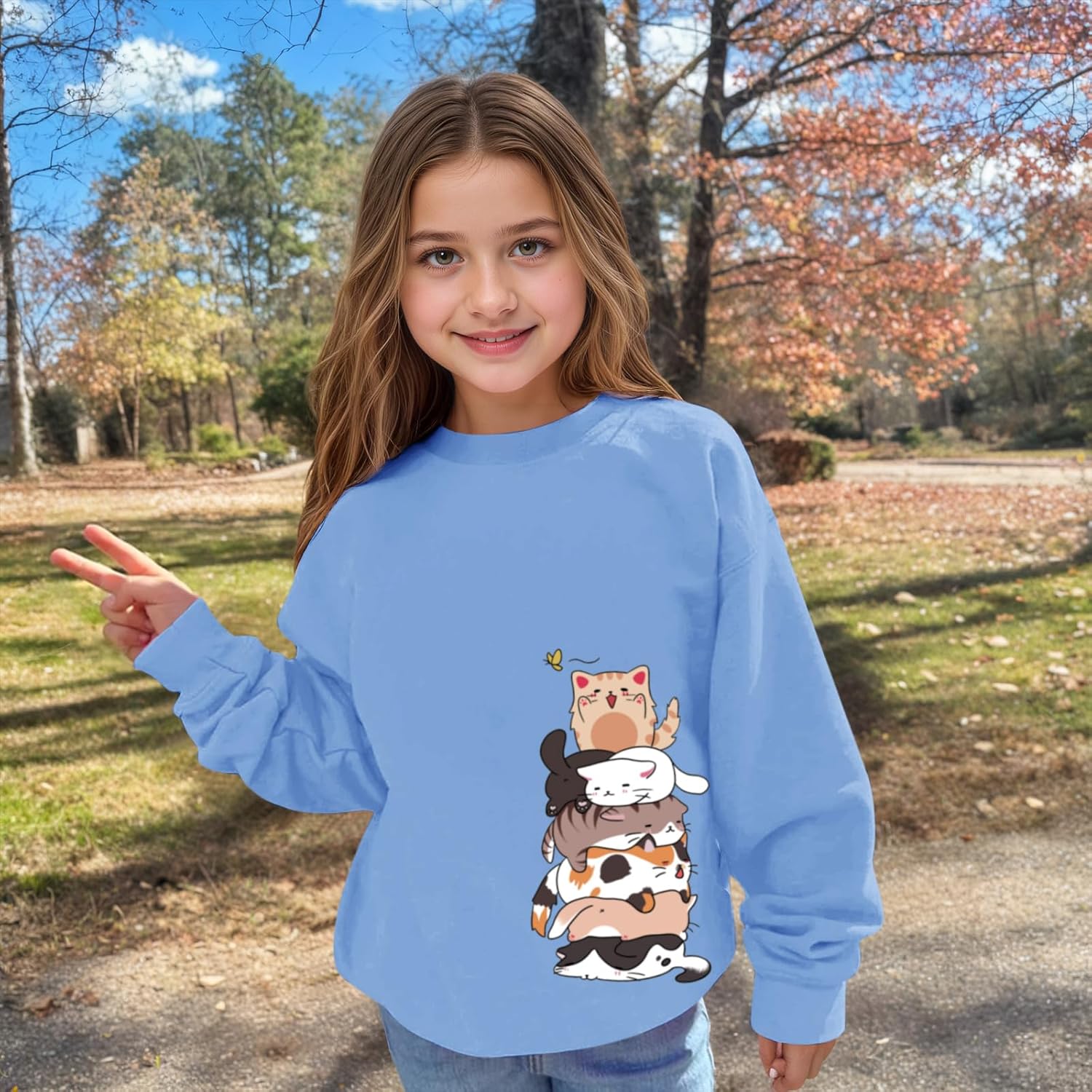 Tuislay Cute Cat Graphic Sweatshirt for Girls Kawaii Cartoon Sweatshirts Kids Anime Printed Tops Long Sleeve Shirts Pullover - Image 2