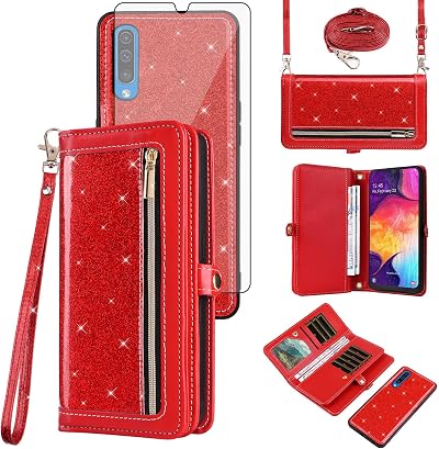 Asuwish Phone Case for Samsung Galaxy A50 A50S A30S Zipper Wallet Cell Cover with Tempered Glass Screen Protector Lanyard Strap Bling Glitter Flip Card Holder A 50 50S 30S S50 50A SM A505G Women Red