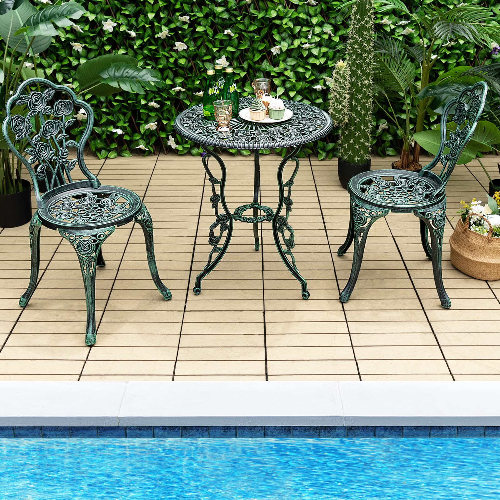 Salon de Jardin 2 Personnes Fonte Aluminium Table Extérieure avec 2 Chaises Trou Parasol Motif Rose Vert