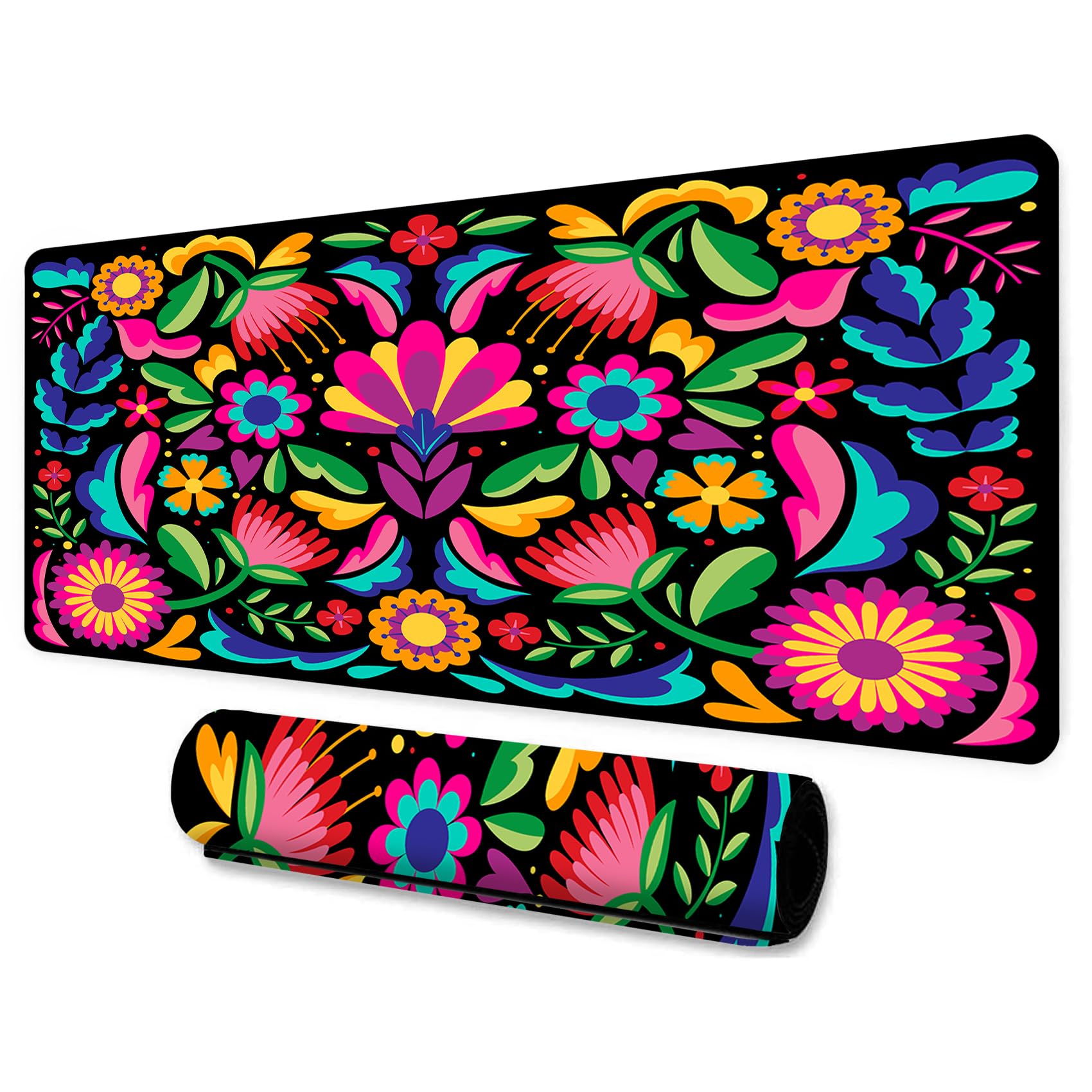 LshyMn Mexican Flower Large Mousepad 31.5x11.8 Inches Bohemian Ethnic Embroidery Patterns Graphic Printed Game Mousepad for Office Computer Desk