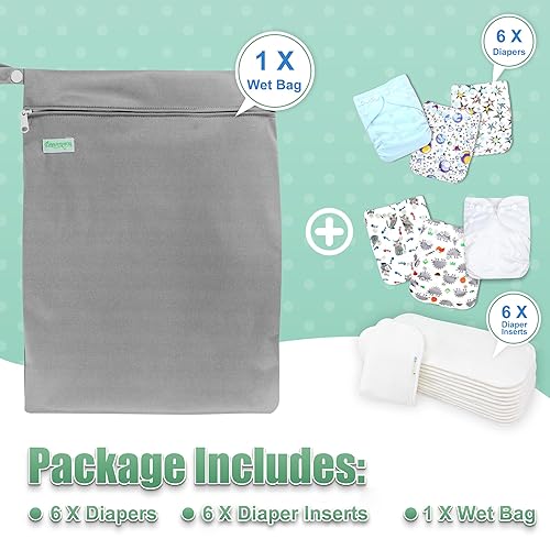 Miniatura 6 de wegreeco Pañales de tela, paquete de 6 con 6 insertos y 1 bolsa húmeda, pañales de tela lavables para bebés, pañales reutilizables ajustables para