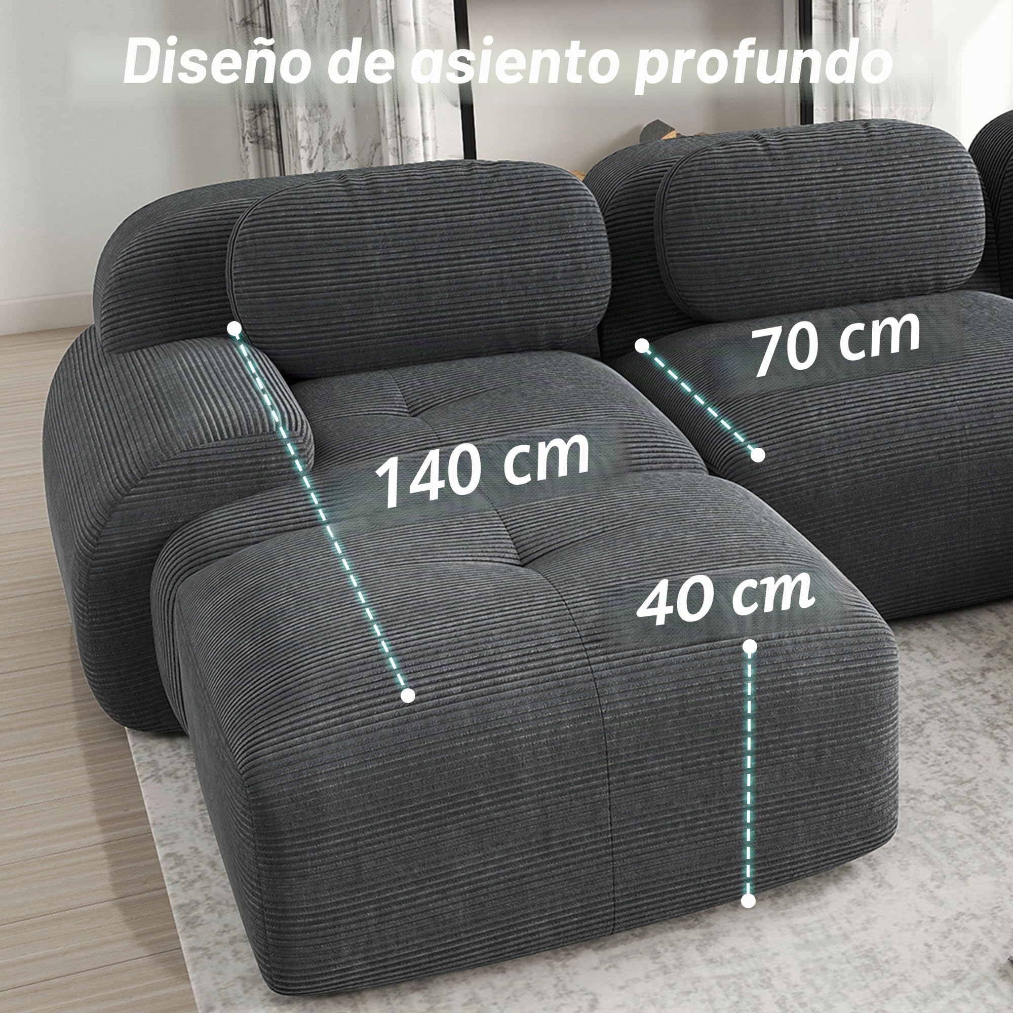 Sapgaks Sofá esquinero convertible, sofá de 2 a 4 plazas, sofá modular comprimible, se puede combinar libremente con reposabrazos y reposapiés, pana (gris 2 posiciones)