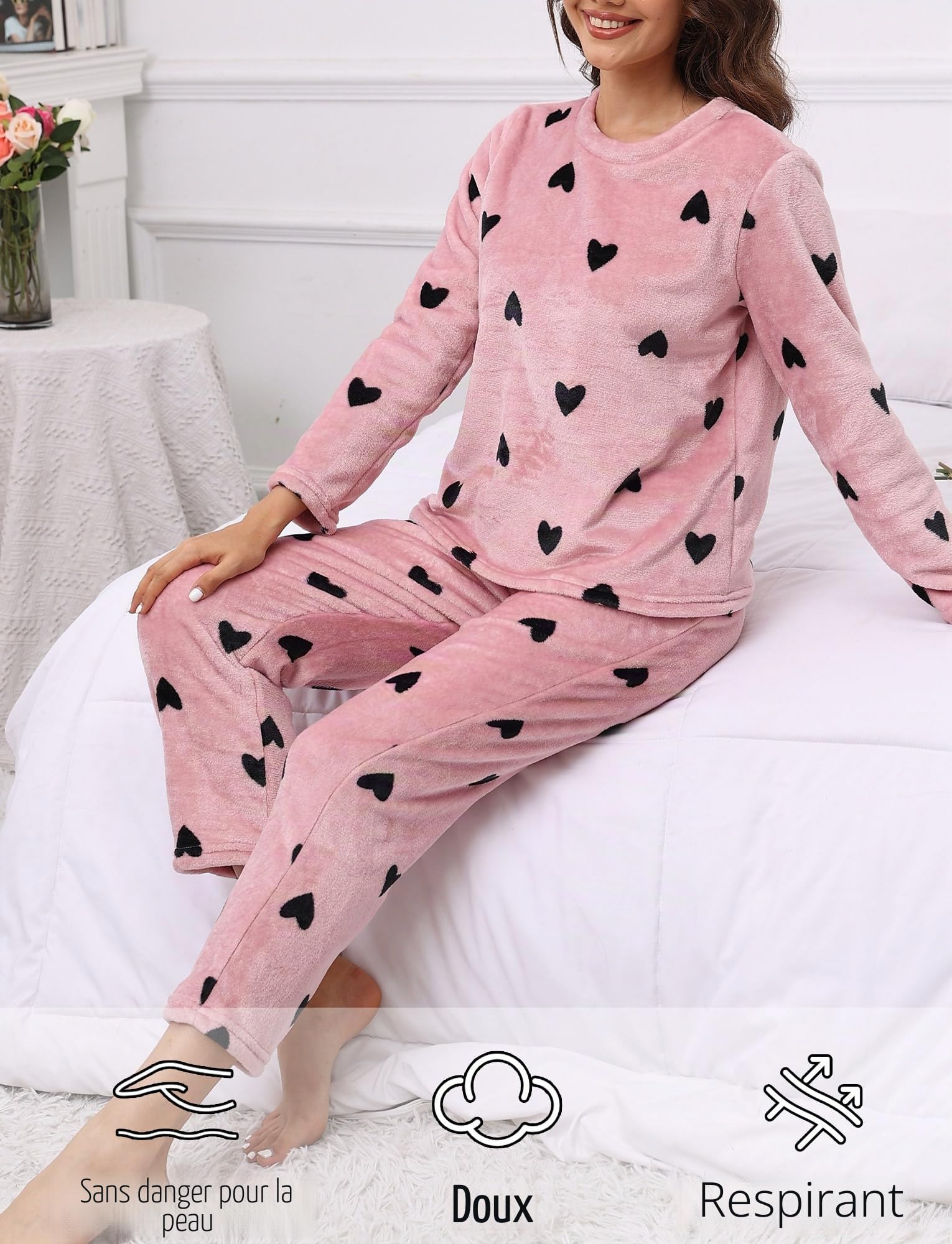 Ensembles de Pyjama Hiver Femme Pajama Set en Polaire 2 Pièce Vêtements de Nuit Chaud Adulte Loungewear Chemise de Nuit S-XL