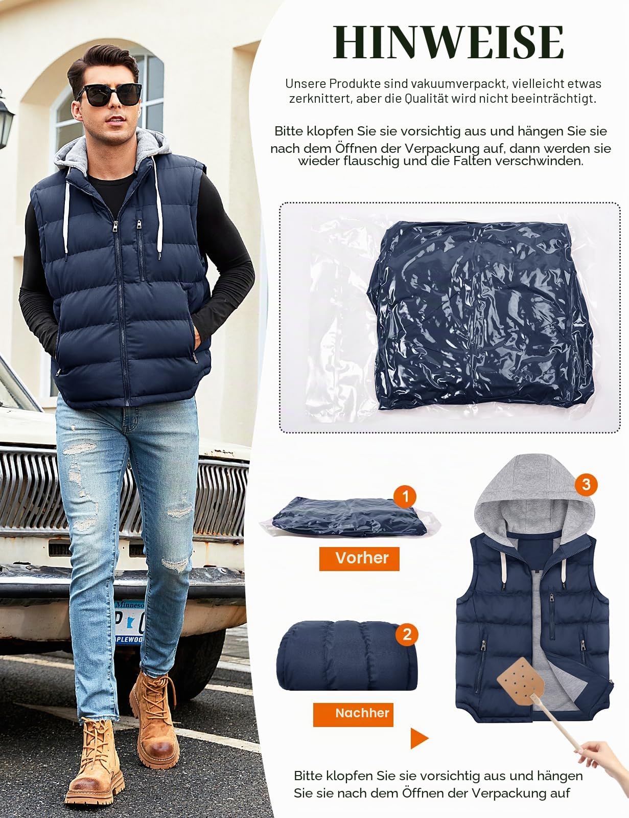 CMTOP Weste Herren mit Kapuze Wasserabweisend Steppweste Warme Herren-Westen, Leicht Ärmellose Jacke Winddichte Winterweste Reißverschluss Bodywarmer Vest Gilet mit Taschen
