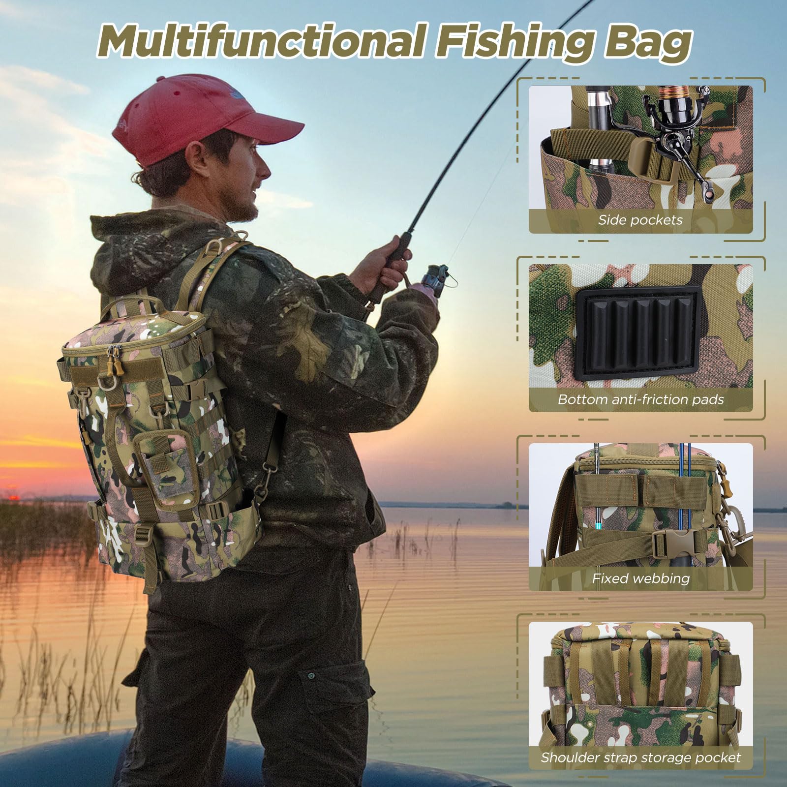 Zaino da Pesca, Borsa Impermeabile per Attrezzatura da Pesca, Borsa a Tracolla Mimetica Tattico Militare Molle per Escursionismo, Campeggio, Viaggio, Ciclismo