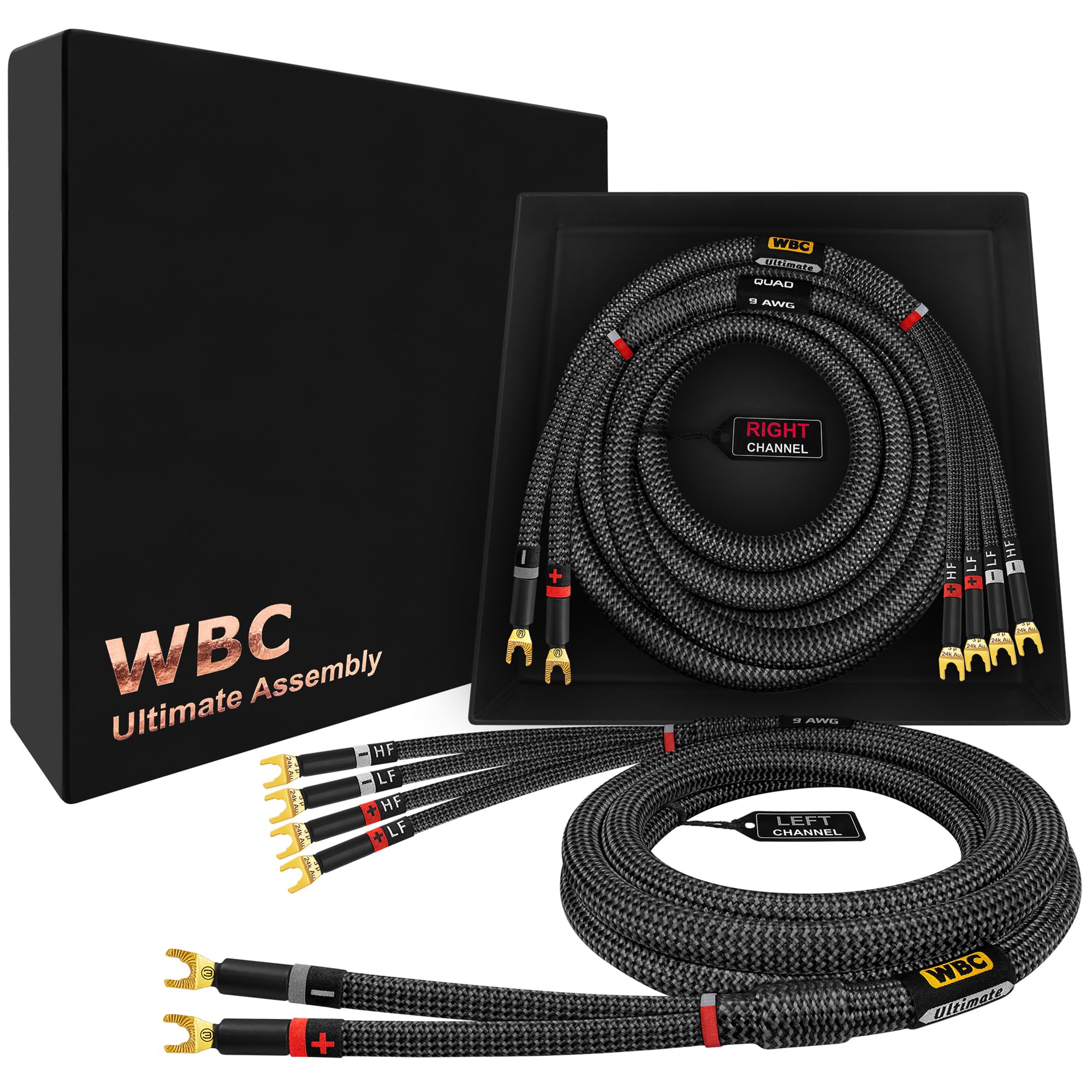 WORLDS BEST CABLES 12 Foot Ultimate - 9 AWG - Ultra-Pure OFC - Premium Audiophile HiFi Bi-Wire Speaker Cable Pair with Eminence Gold Spade Plugs & Carbon Tweed Jacket