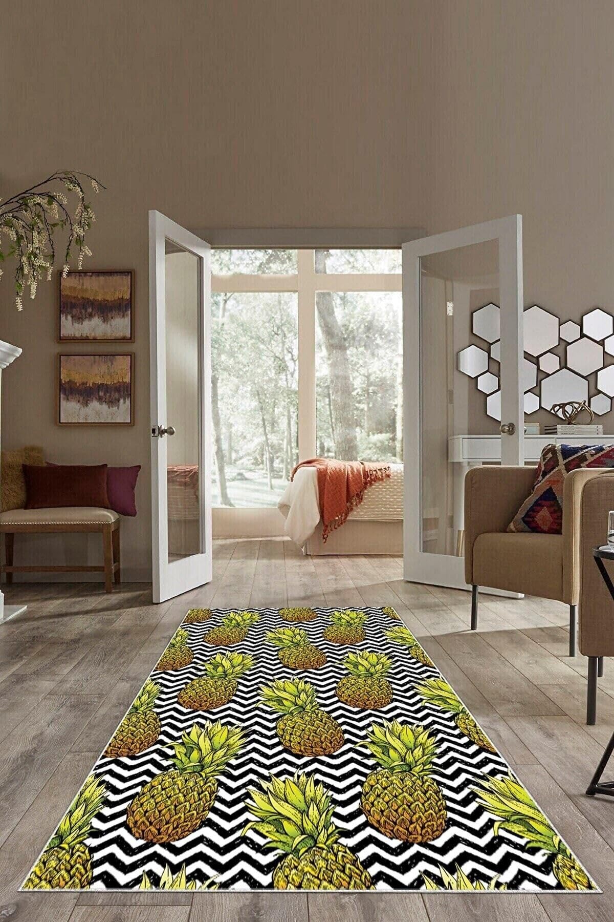 Pelangi Siyah Beyaz Zigzag Ananas Desen Yıkanabilir Kaymaz Taban Leke Tutmaz Modern Salon Halısı Ve Yolluk, Yeşil-Siyah 100 x 350, 135824510035005