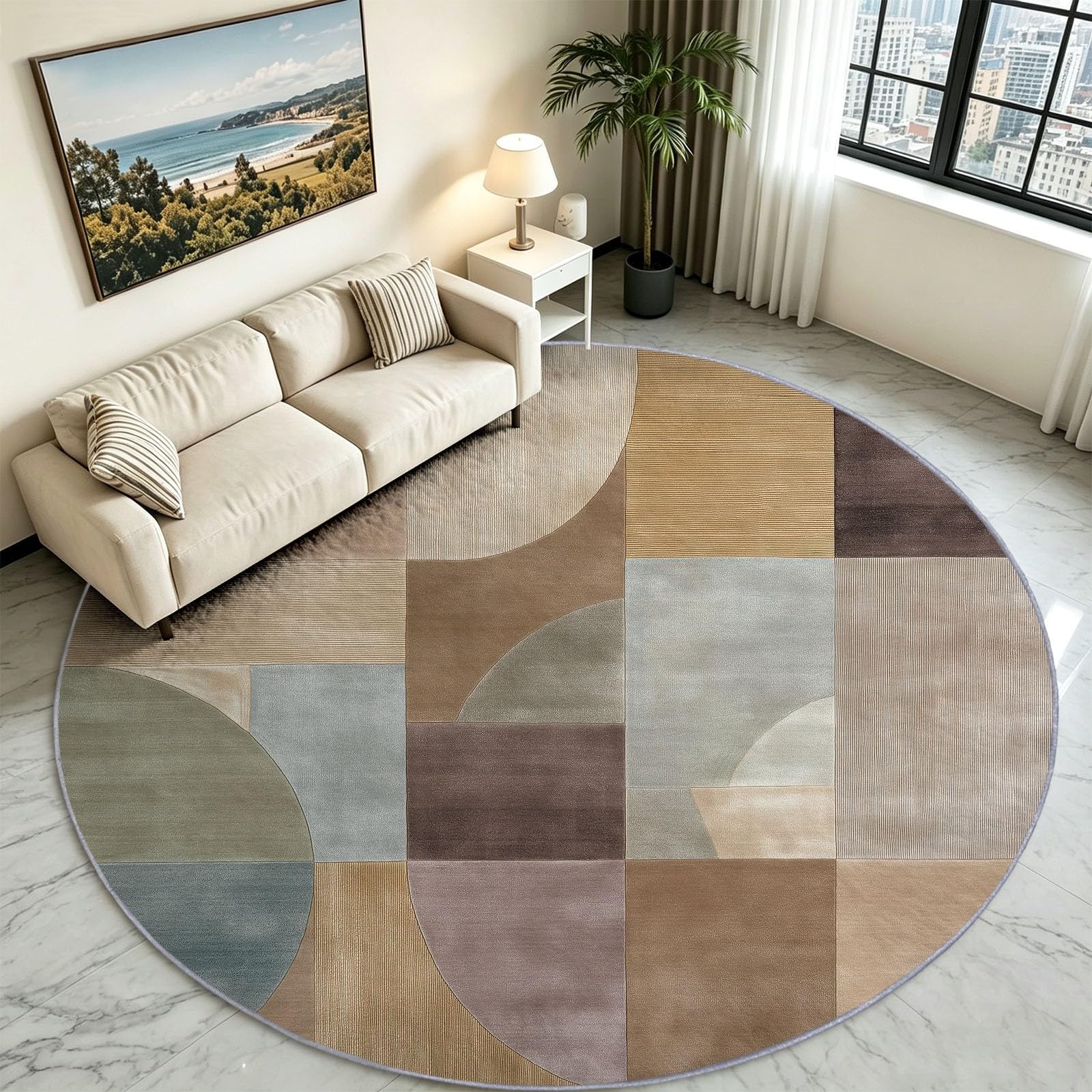 Tapis Rond Lavable en Machine pour Enfants 100 cm, Poils Doux et Facile à Entretenir Minimalisme Moderne Chambre à Coucher Salon Bureau Tapis Antidérapant Couleurs Résistantes Assemblages Géométriques