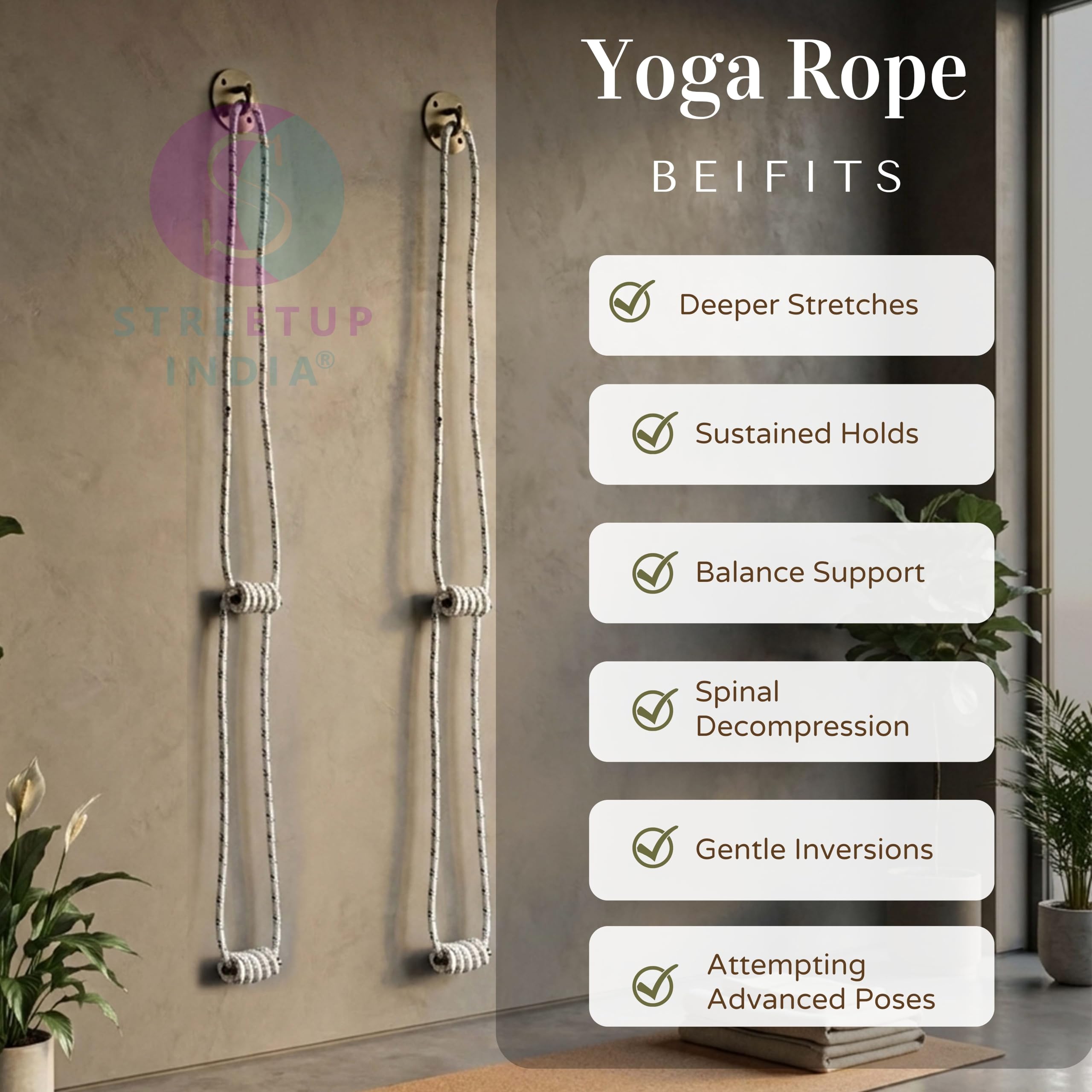 Streetup India® Cotton Wall Ropes Set of 4 for Iyengar/Restorative Yoga| Anti-Gravity White (With Fastner) 4