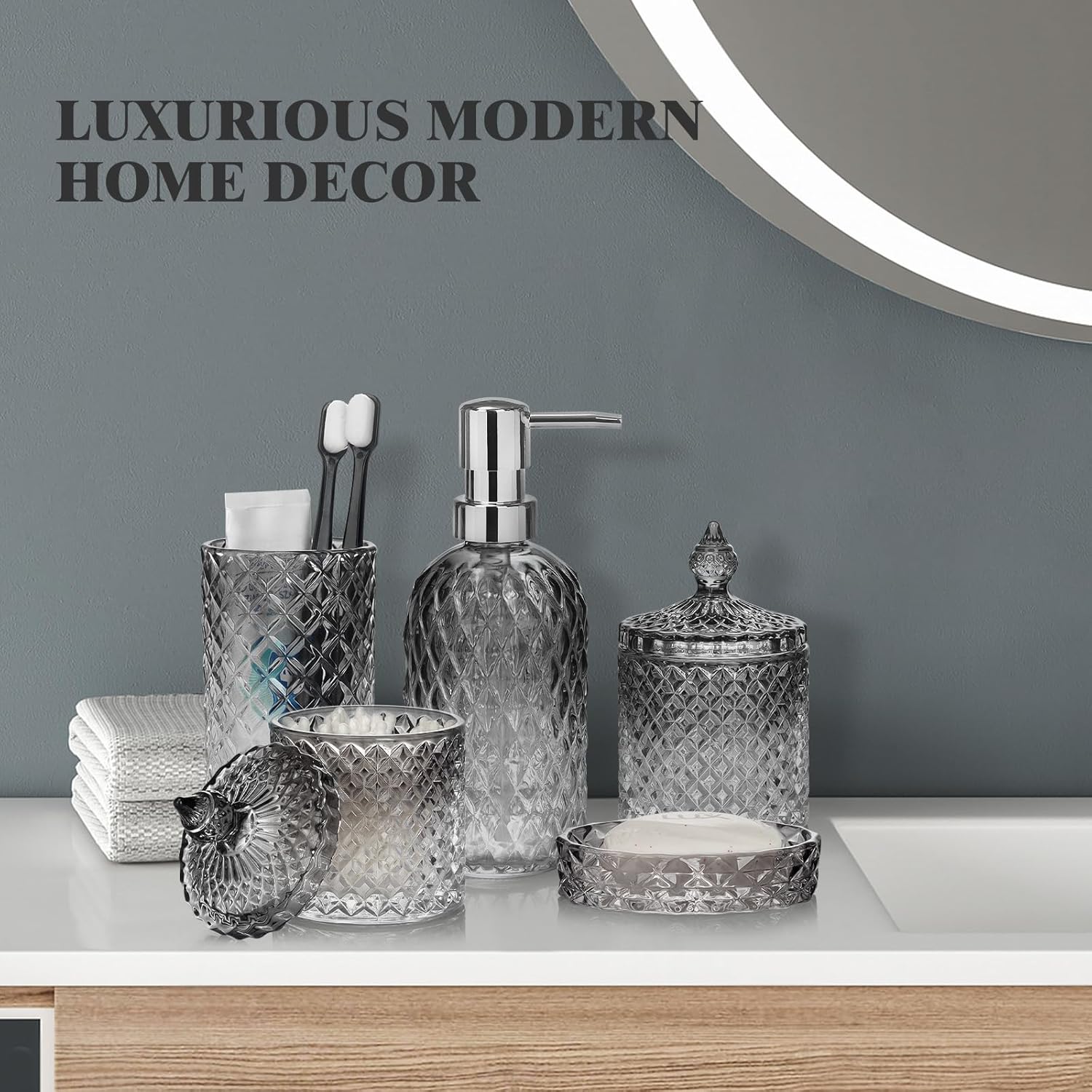 Bathroom Accessories Set, 5Pcs Gradient Glass Bath Accessory Sets Complete, Glass Bathroom Accessories with Soap Dispenser, Soap Dish, Toothbrush Holder, Qtip Holder