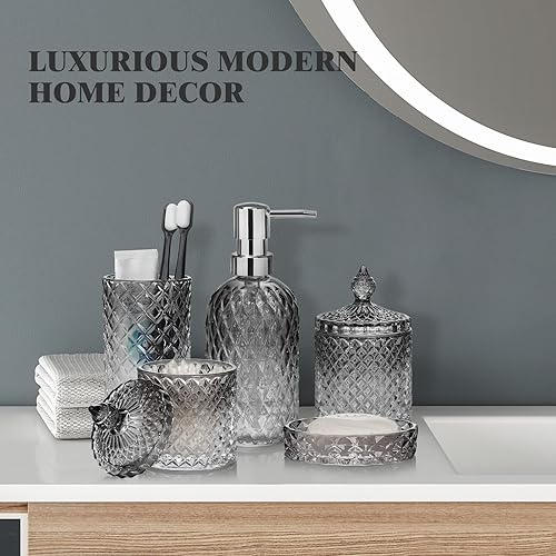 Miniatura 7 de Ulable Juego de accesorios de baño, 5 piezas, dispensador de jabón de baño, juego de accesorios de baño de vidrio verde con dispensador de loción,