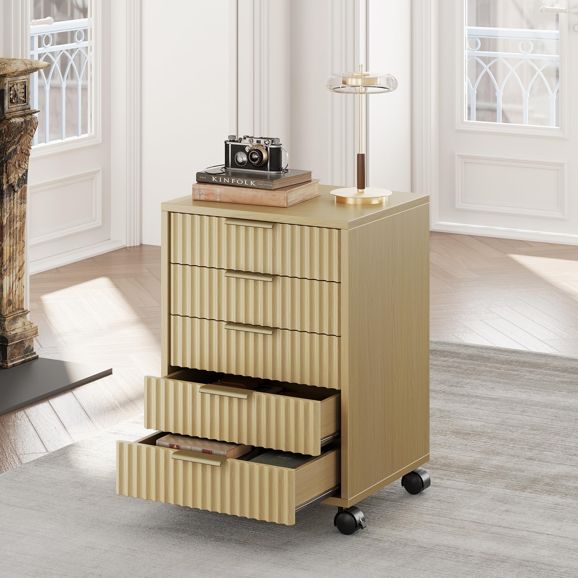 Perledesign 5 Drawer Chest, Under Desk Storage Wood Drawers with Wheels,Fluted File Cabinet for Home Office, Light Walnut