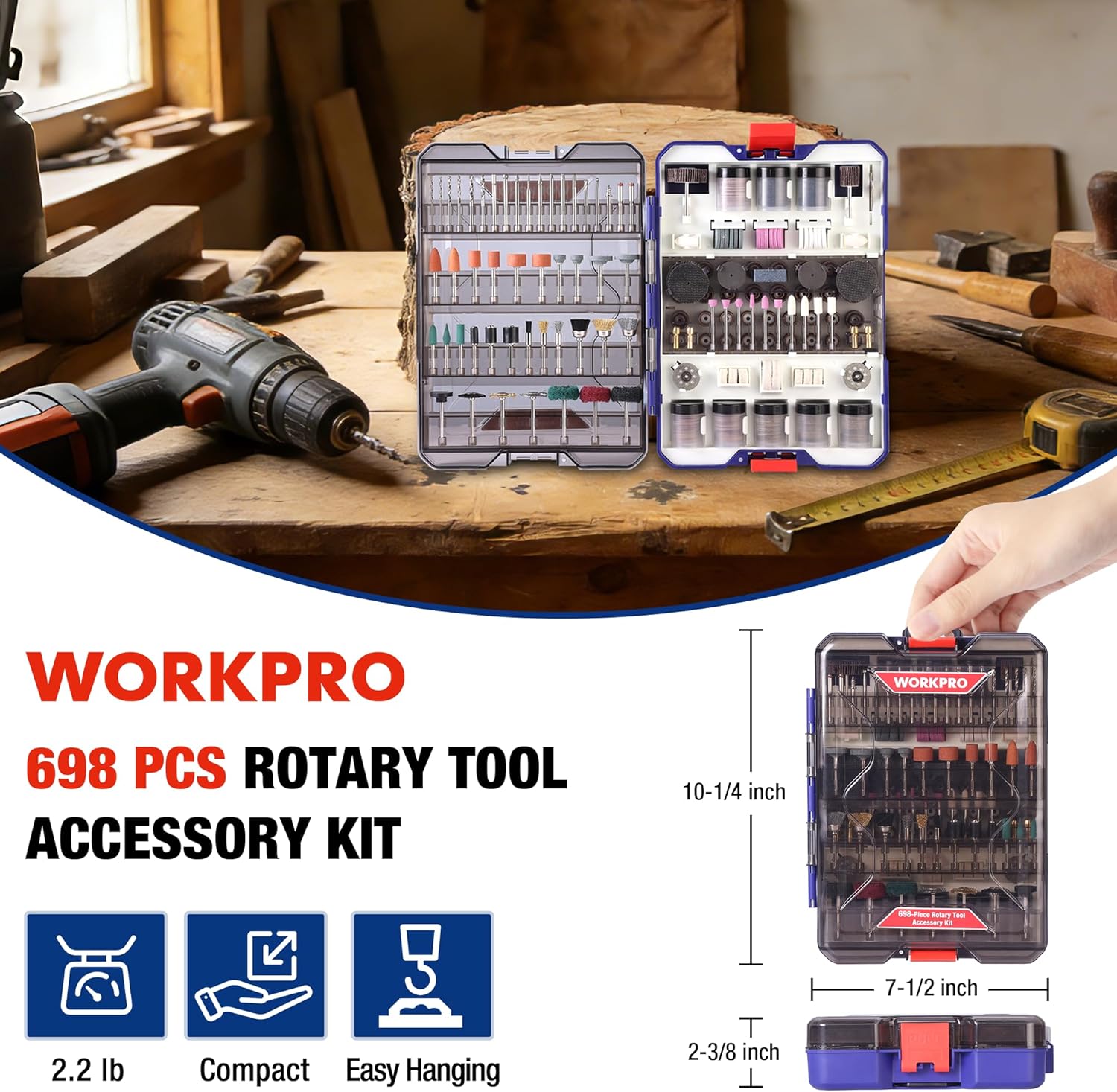 WORKPRO 698-Piece Rotary Tool Accessories Kit, Rotary Tool Bits for Easy Cutting, Grinding, Sanding, Polishing, Cleaning, Drilling, Carving and Engraving