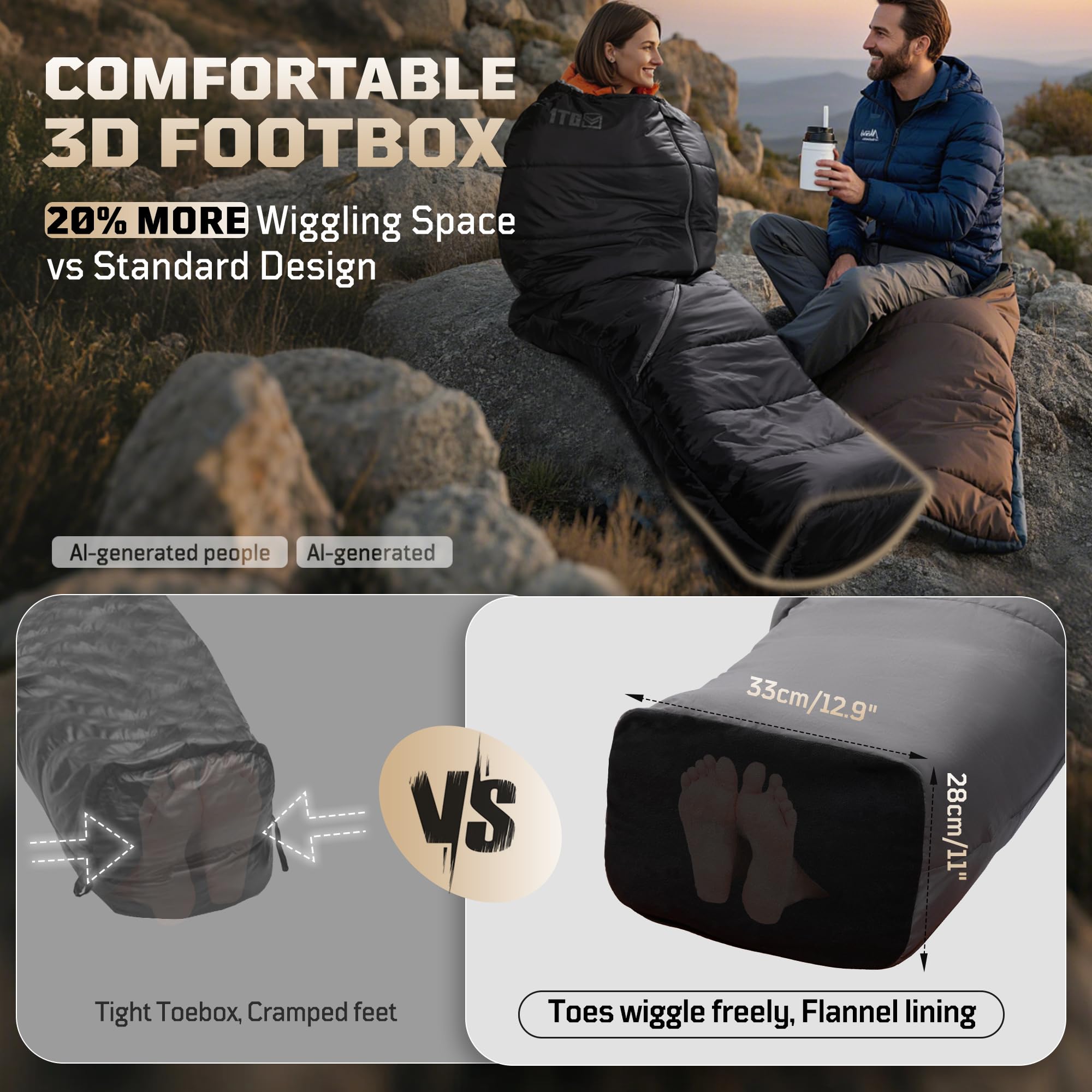 Sac de couchage momie pour adultes, sac de couchage de camping par temps froid (-3,9 à 2,2 °C) avec capuche réglable, poche pour téléphone, sac de compression pour le camping, la randonnée