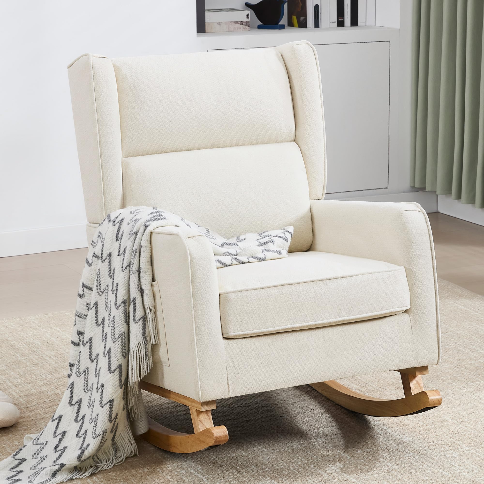 HCHAIRH Nursery Rocking Chairs, Rocking Chair Nursery for Mom Nursery Rocker with High Backrest and Solid Wood Legs, Modern Wingback Accent Chairs for Reading Living Room Bedroom, Beige