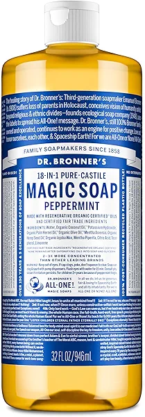 Dr. Bronner's Pure-Castile Magic Liquid Soap - Made with Regenerative Organic Certified Oils- 18-in-1 Uses for Face, Body, Hand, Hair, Laundry & More- Vegan, Non-GMO- Body Wash- Peppermint,32oz