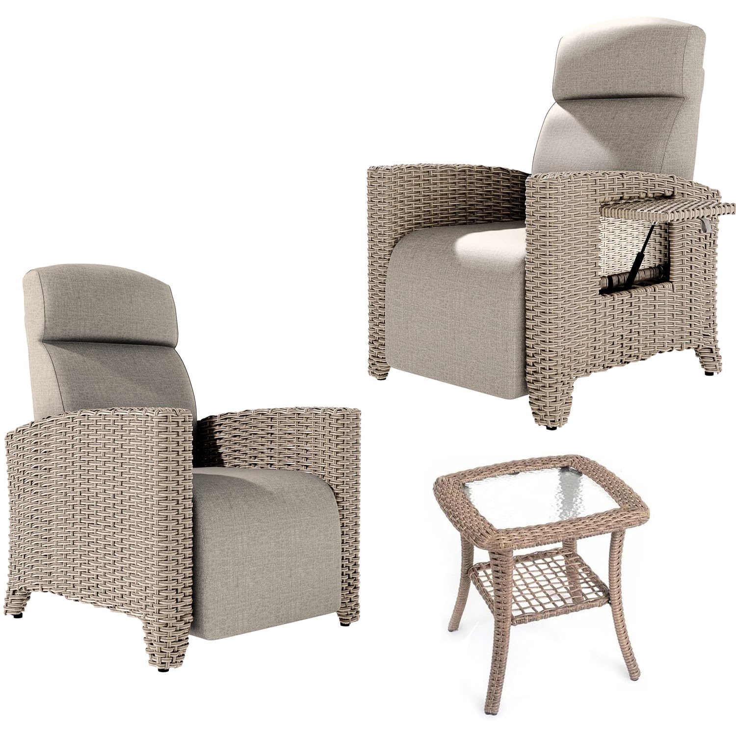Tumbona de Relax y Juego de Mesa Auxiliar, Sillón de Ratán, Respaldo Ajustable, con Cojín Grueso, Adecuado Para Interior y Exterior (Marrón+Albaricoque Tumbona: 2) + (Mesa Auxiliar Marrón: 1)