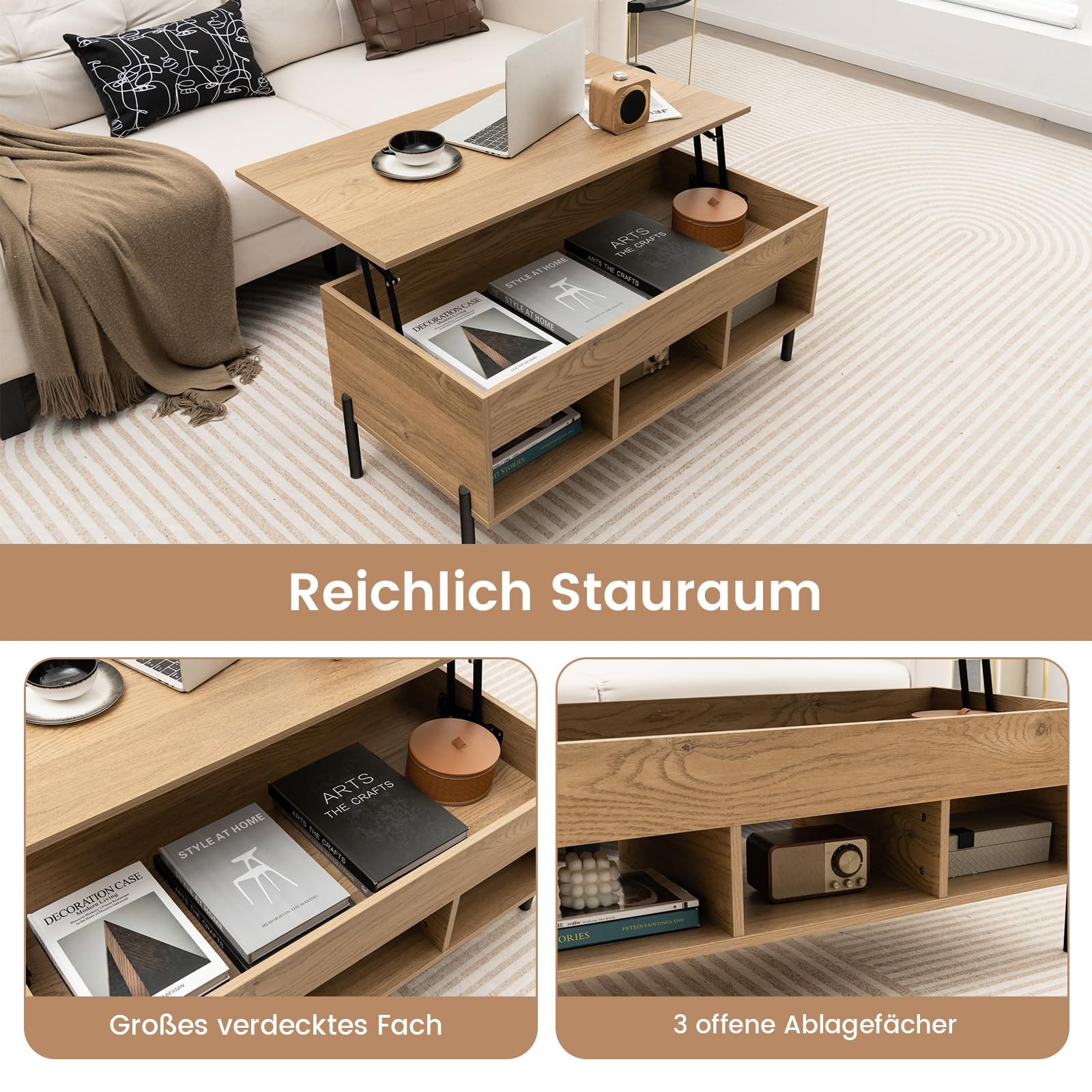 COSTWAY Couchtisch Höhenverstellbar, Beistelltisch mit anhebbarer Tischplatte & 3 offenen Fächern, Wohnzimmertisch aus Holz mit großem verstecktem Fach, Kaffeetisch für Wohnzimmer, Büro (Natur)