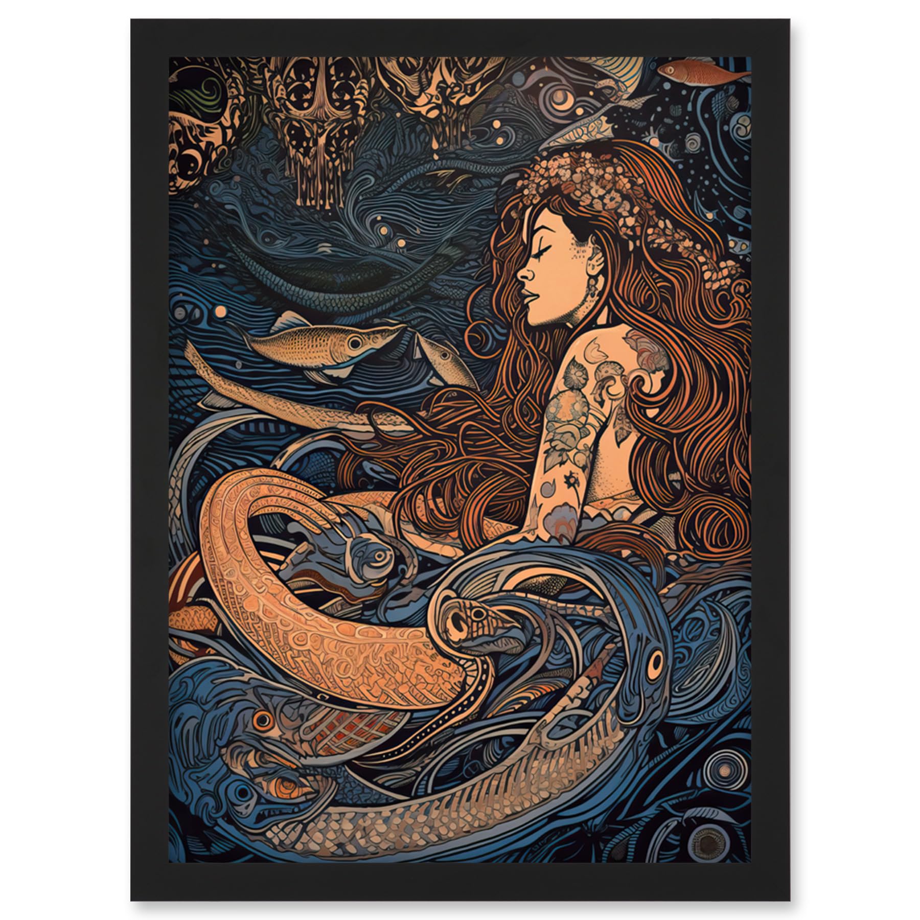 Artery8 Little Mermaid and Aquatic Animals Illustration Artwork Framed Wall Art Print A4