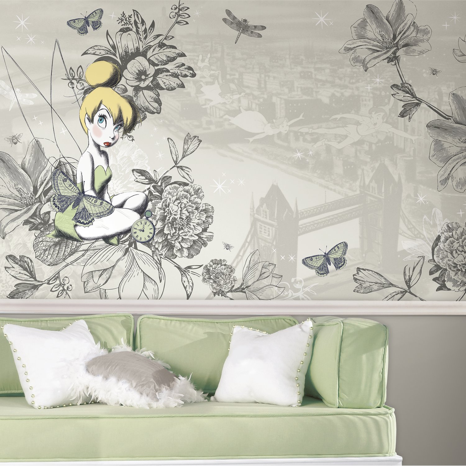 RoomMates JL1383M Vintage Tinker Bell X-Large Chair Rail Prepasted Mural, Ultra-strippable, 6' x 10.5'