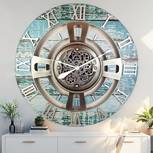 Miniatura 5 de ImprovingLife The Gears Reloj de pared con engranaje móvil real de la línea Inglaterra (verde aguamarina, 36 pulgadas (35.4 in)
