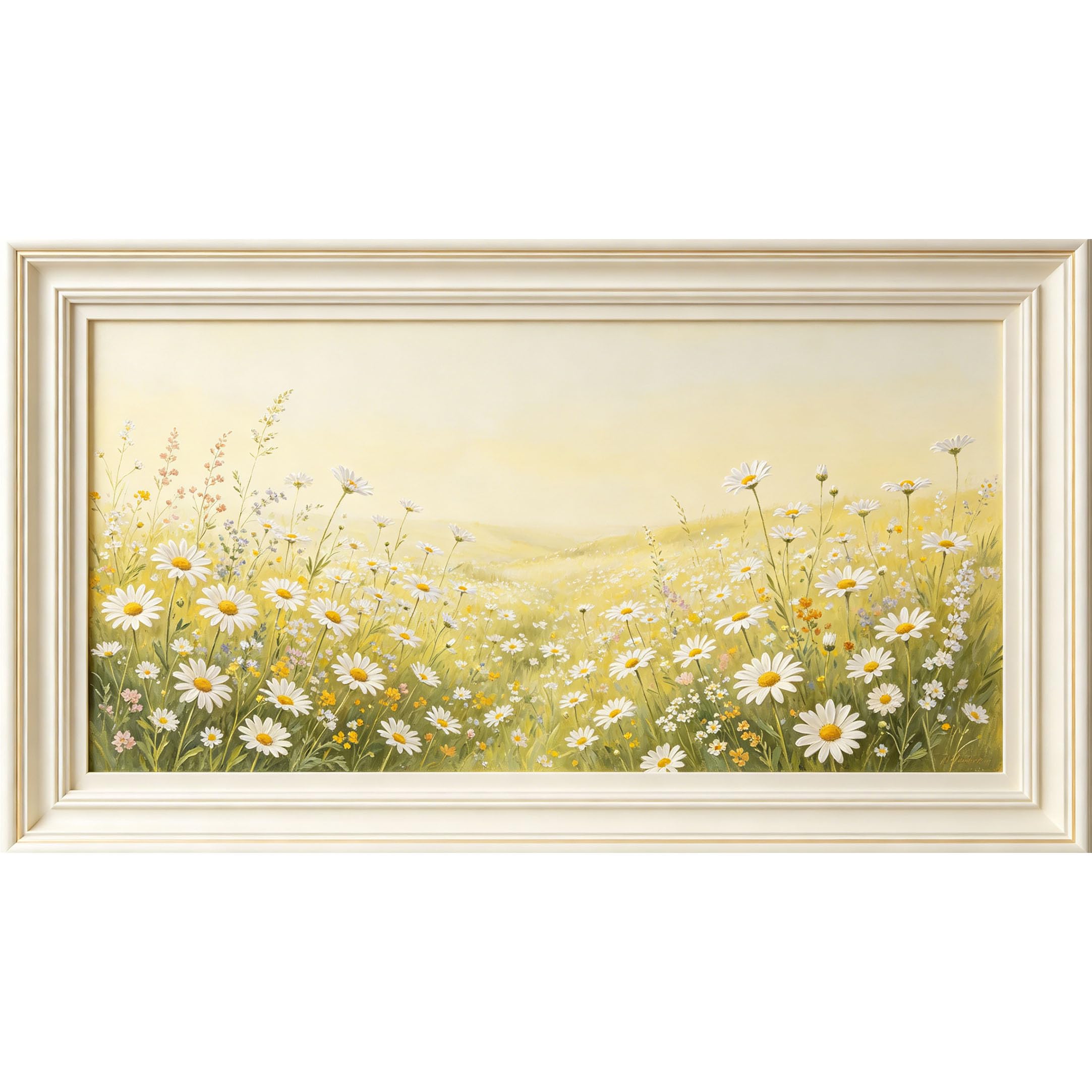 QZLITHOTIC 50×100cm 3D Framed Wall Art， Botanical Daisy Meadow Landscape Self?Adhesive Mural， Water?Activated Peel & Stick Fabric Decor Wall Decal for Bedroom Living Room
