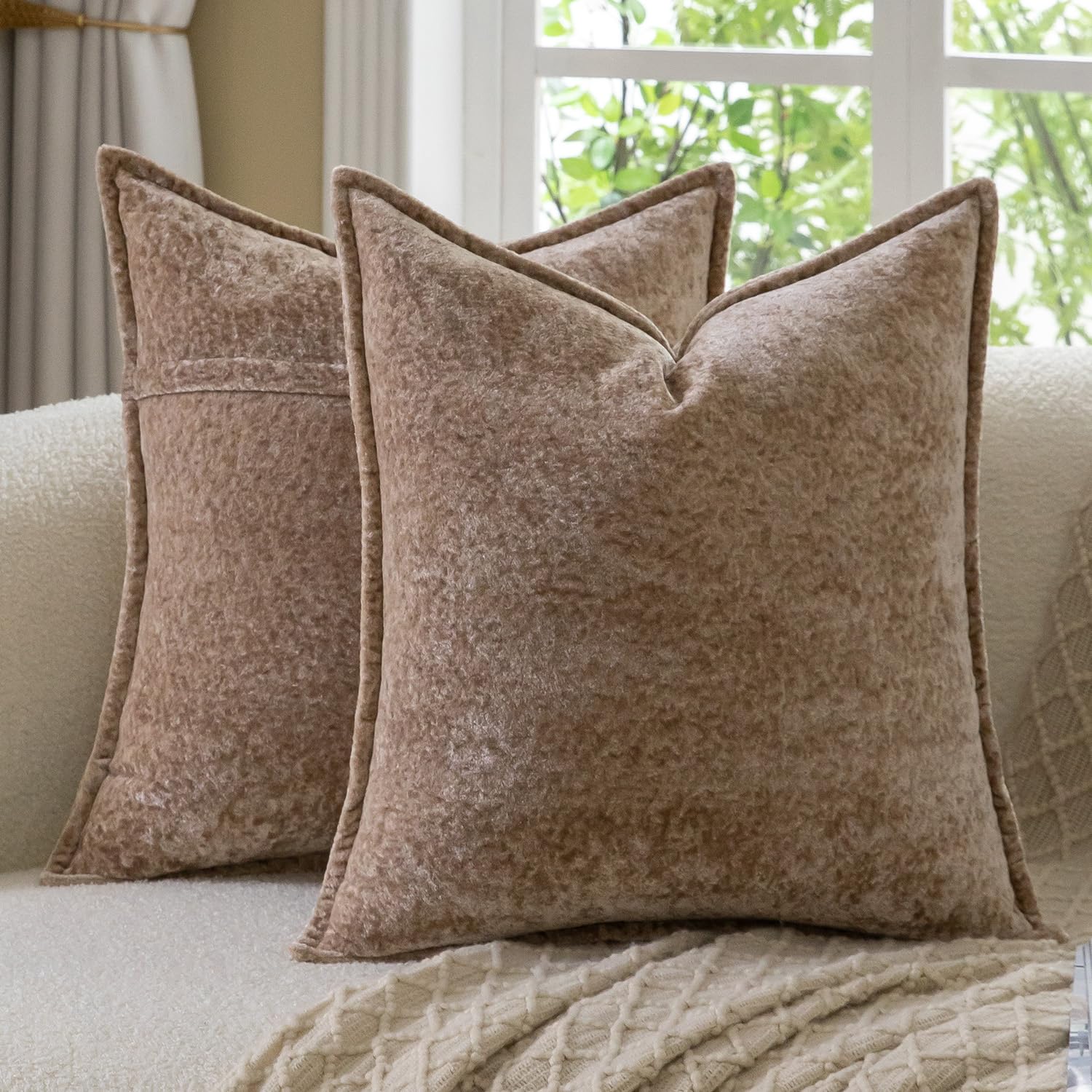Madizz Decorative Vintage Chenille Cushion Covers Pack of 2 Plaid Couch Pillows Neutral Boho Farmhouse Pillow Cases Home Decor for Couch Sofa Bedroom Living Room 45x45 CM, Dark Taupe