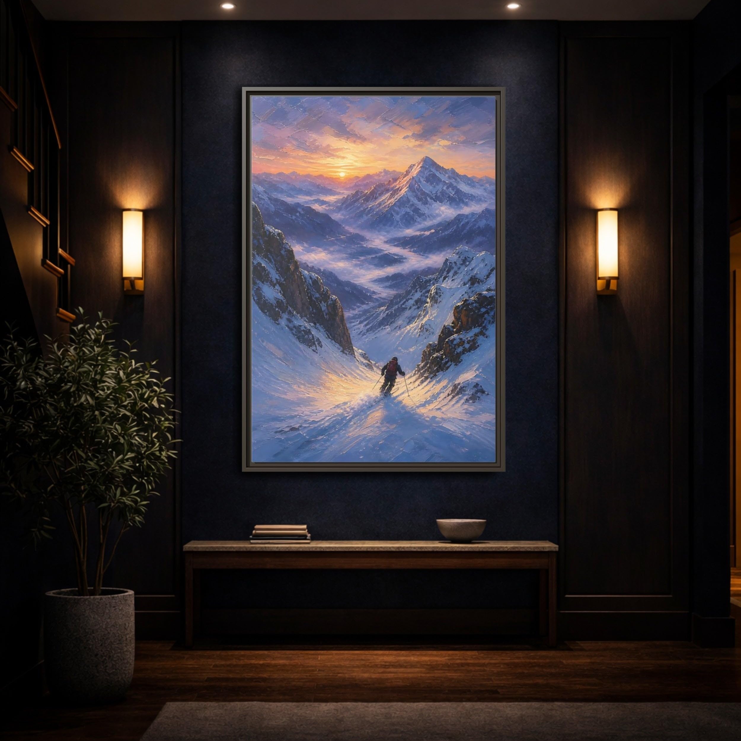 Nature Mountain Skier Snowy Sunset Framed Canvas Print – Living Room, Above Fireplace, Orange and Blue 32×48 inch (80×120 cm) - Vertical/Black / 1.25 inch (3 cm)