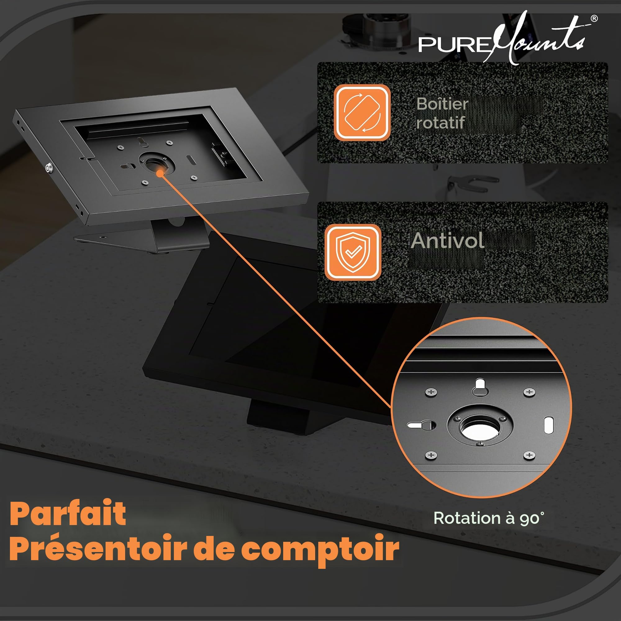 PureMounts® Support de Tablette avec boîtier en verrouillable pour iPad 5/6/7/8/9/ IPad Air 9.7"/ 10.5"/10.9"/ IPad Air 9.7"/10.5"/11" et Samsung Tab A 10.1 (2019)/ Onglet A7/S6 Lite 10.4", Noir