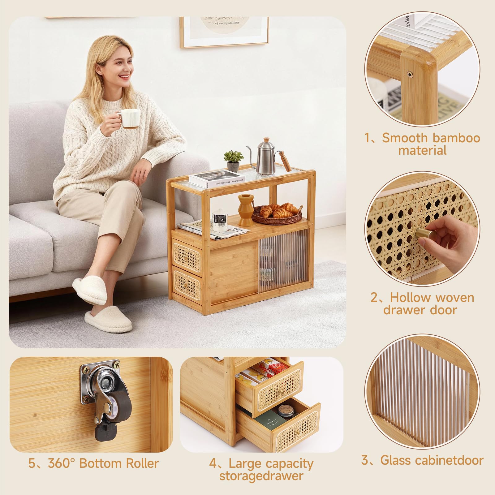 Amazon｜Tiita ラタンナイトスタンドサイドテーブル 竹のアクセント