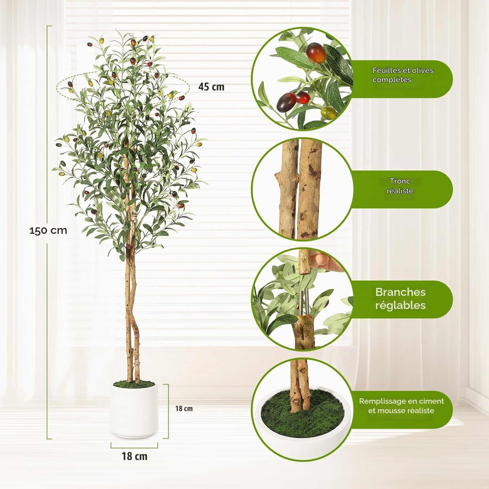 Garvee Olivier Artificiel Réalistes 180cm, Arbre Artificiel d'Extérieur avec Pot, Arbre Artificiel Résistant aux UV pour Jardin Balcon Maison