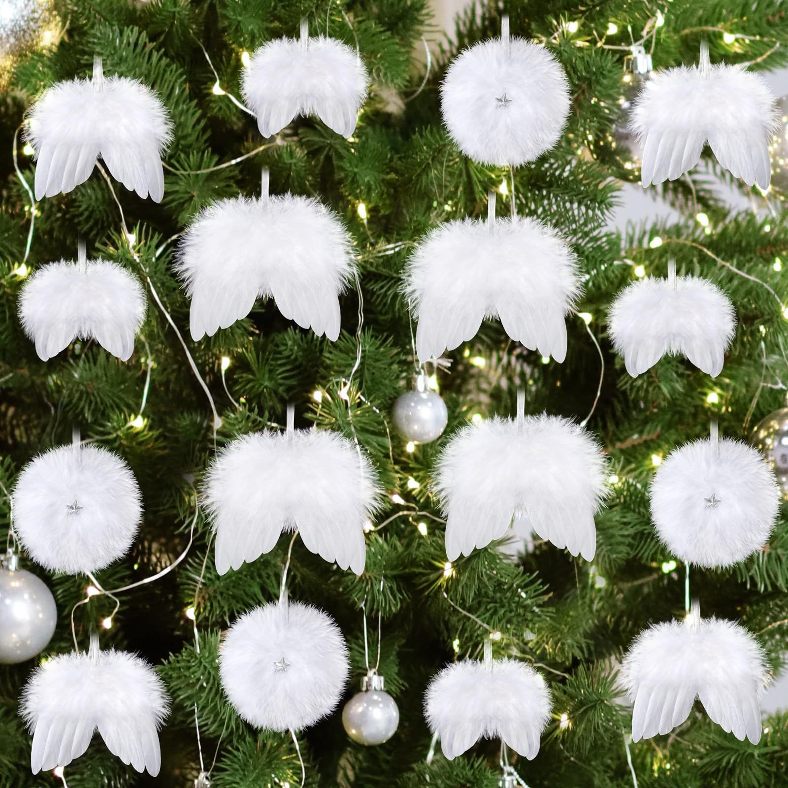 UXORSN 16 Piezas Decoraciones Navideñas Blancas Fantasía Ángel Adorno de ala de Plumas Blancas Árbol de Navidad Colgante Adorno para Decoración de la Fiesta de Navidad Artesanía Bricolaje Artesanía