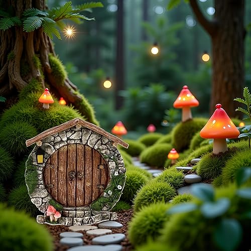 Miniatura 4 de Puertas y ventanas de jardín de hadas para árboles Gnomo de hadas en miniatura, esculturas y estatuas Pared y árboles Puertas y ventanas de madera