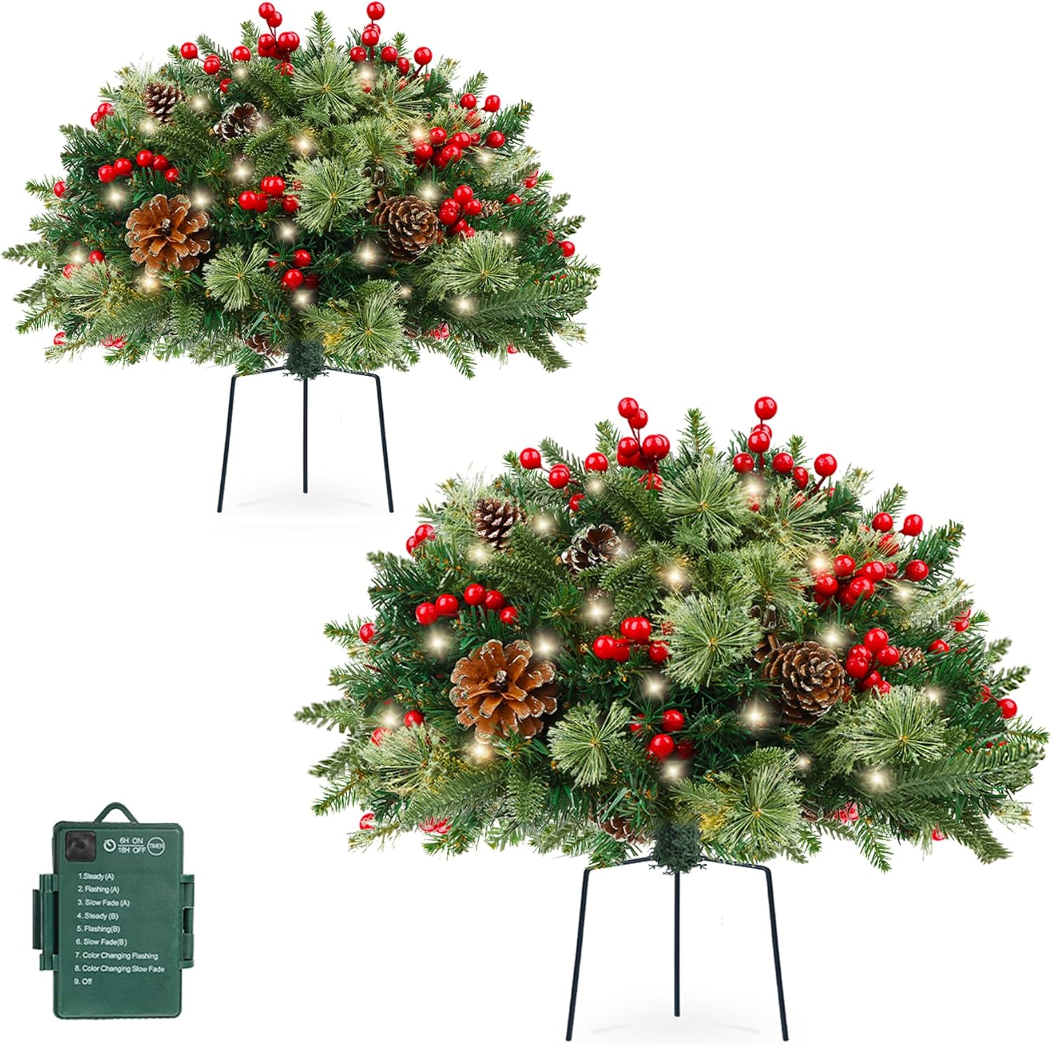 Set of 2 Outdoor Christmas Trees Urn Filler, 18in Prelit Battery Operated Artificial Small Xmas Tree Holiday Décor with 50 LED Lights, Red Berries, Pine Cones, Tripod Stake, 8 Modes & Timer Classic Red Berries