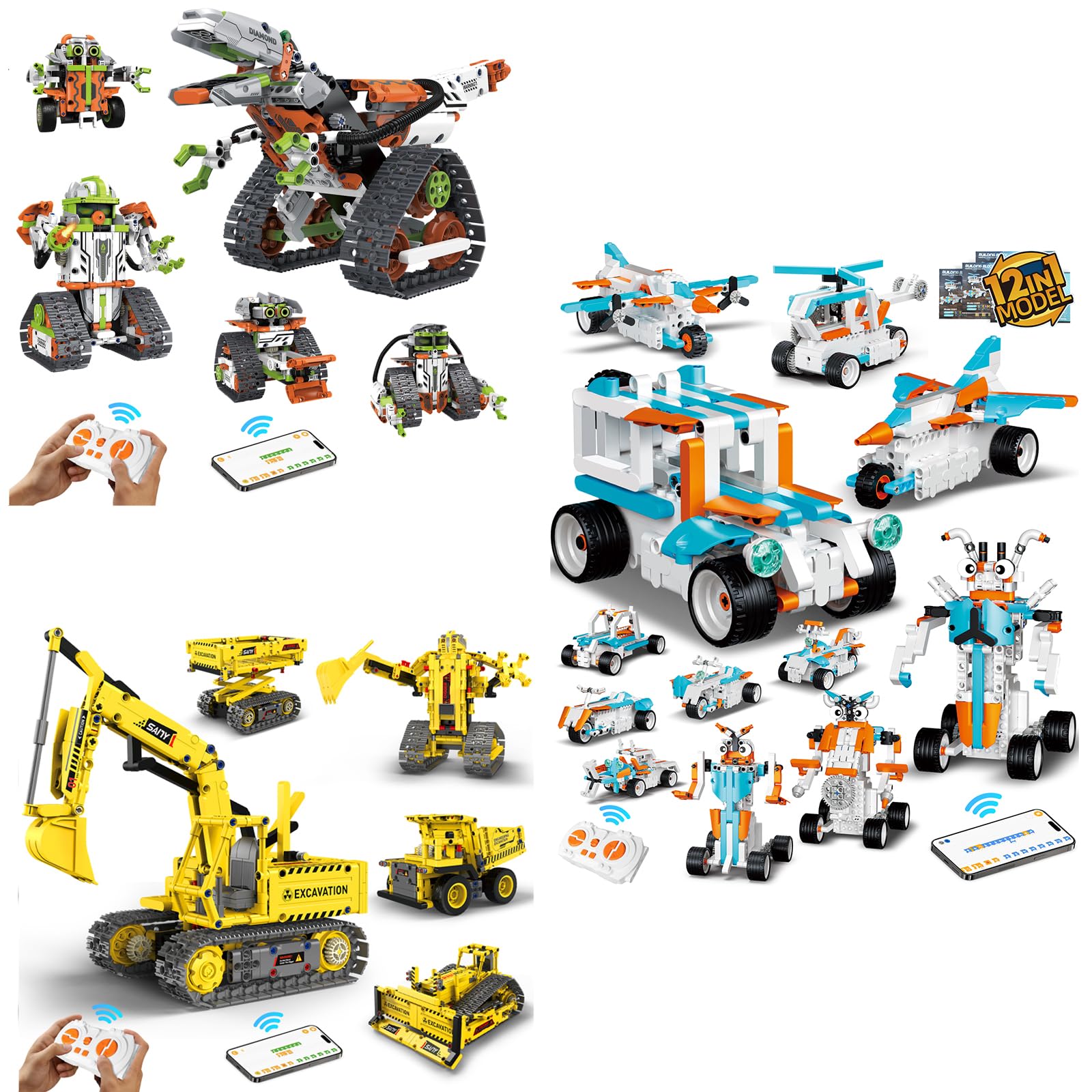 aukfa 5in1 Dinosaur Toys for Boys Age 8-12, 12in1 Stem Robot Car Plane Jepp Fighter Building Kits, 5in1 Excavator Sets, Remote/App Control