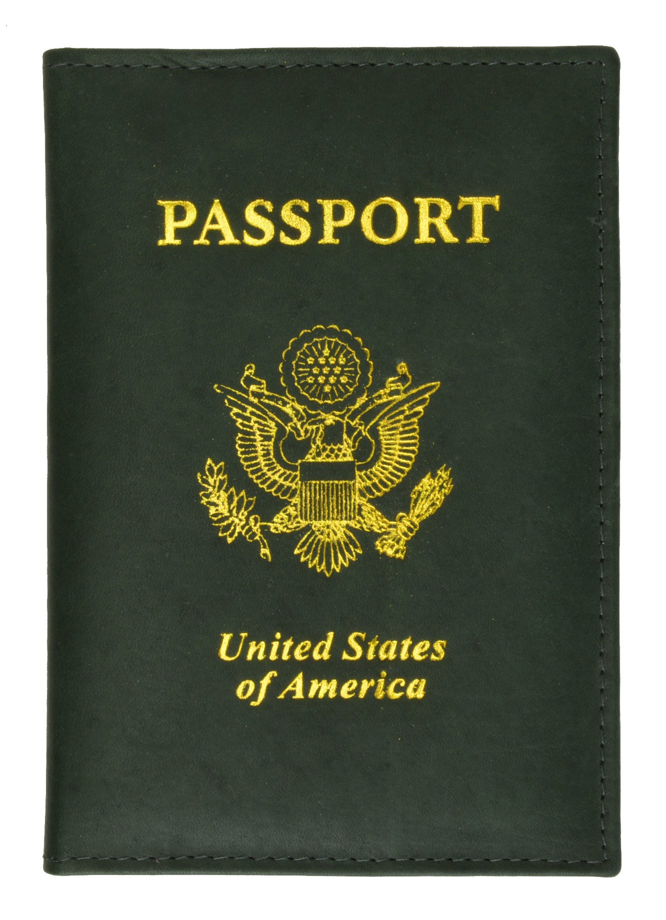 United States Passport Holder Golden Print Emblem Genuine Leather (Green)