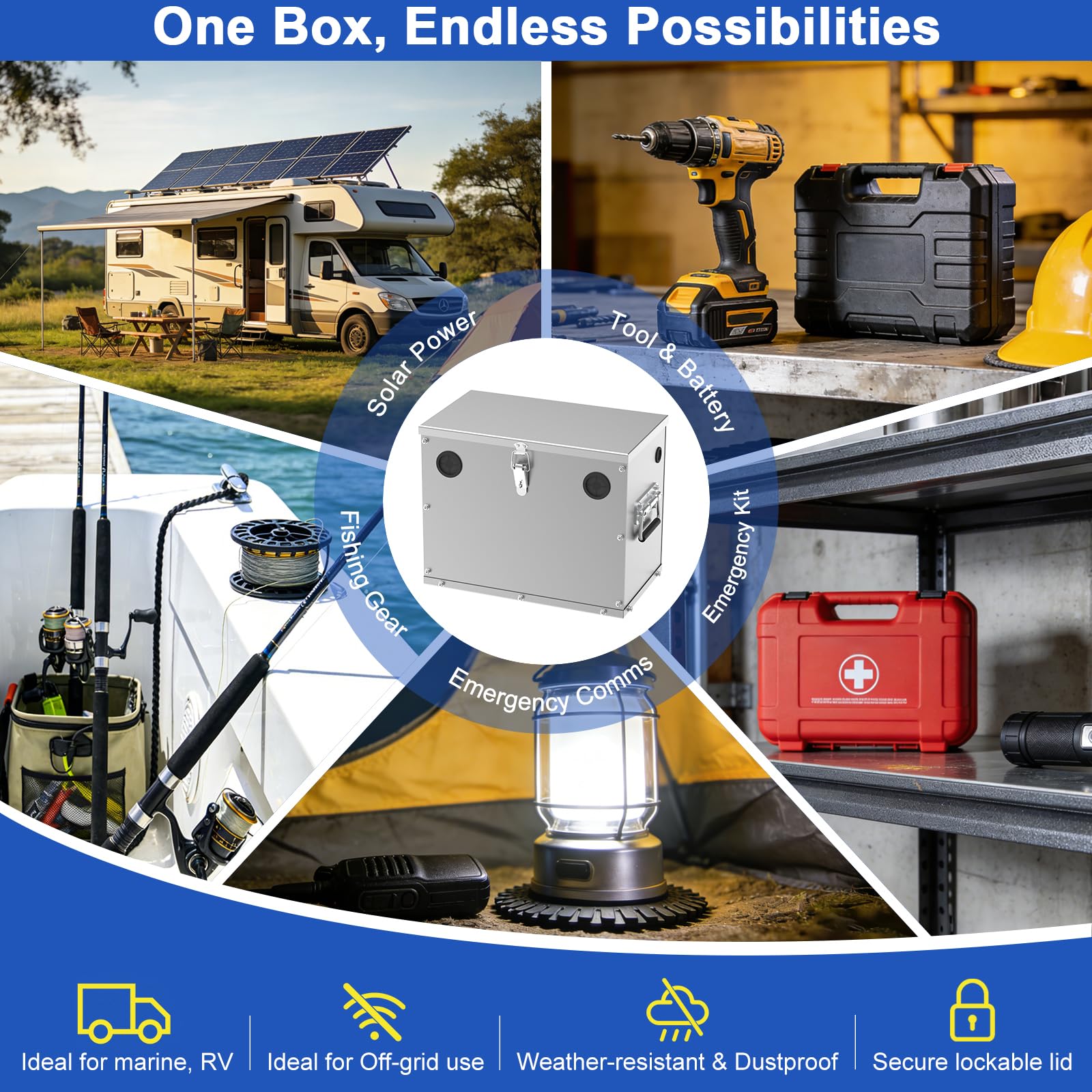 Stainless Steel Batteriebox 12V mit Schloss, H6/H7/H8 Batteriekasten für Autos, Boote, Marine, Wohnmobile und Tauchmotoren