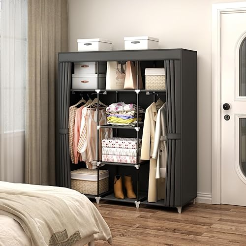 Miniatura 3 de Clóset portátil, armario de ropa de 51 pulgadas con 2 barras colgantes y 8 estantes, cubierta de tela no tejida, almacenamiento de capacidad media