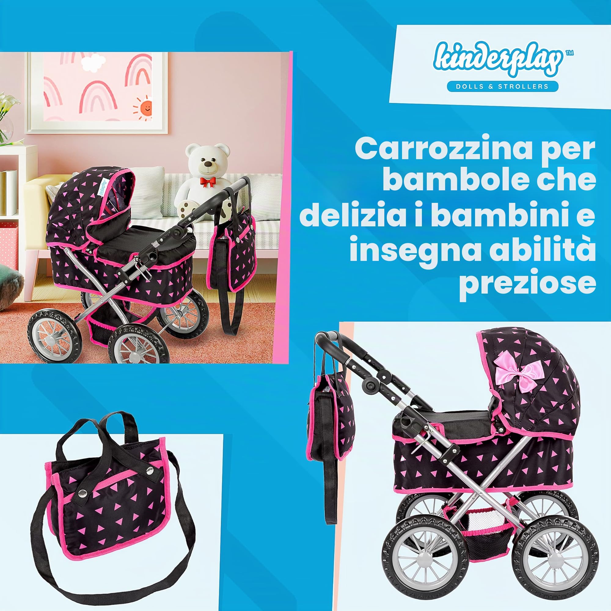 Kinderplay Carrozzina per Bambole con Gondola – Manico Regolabile 33–63 cm – Adatta a Bambole fino a 41 cm – Ruote in Schiuma Silenziose – Passeggino Giocattolo 3+