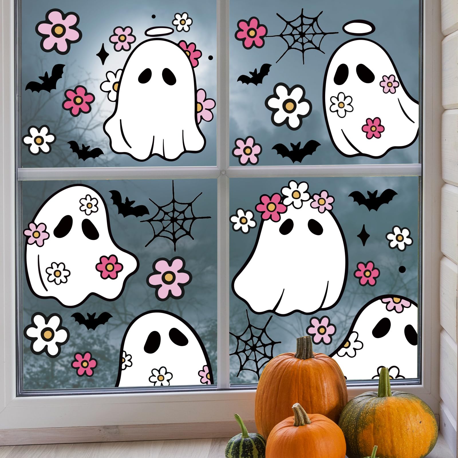 JarThenaAMCS 84Pcs Halloween Window Clings Floral Ghost Window Stickers Cute Double-Side Glass Decals for Home Party Favor Supplies, 7.9 x 11.8 Inch, 9 Sheets