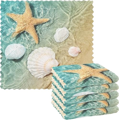 Seashell - Paños de cocina con estrellas de mar, paquete de 6 toallas de cocina de secado rápido, toallas de limpieza absorbentes, toallas de