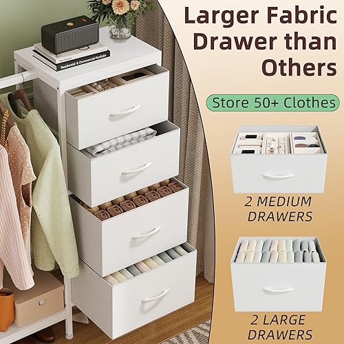 Miniatura 6 de Cómoda con estante para colgar, armario pequeño de 4 cajones para dormitorio, cómoda de tela reversible para niños con perchero, torre de